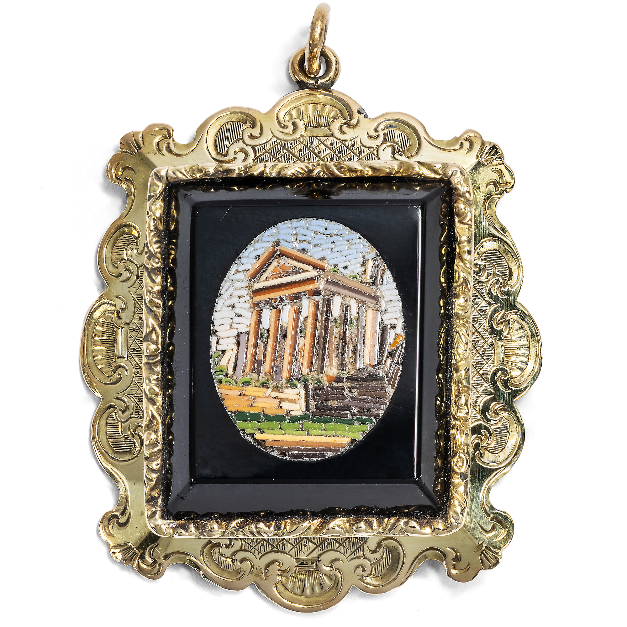 Pendant with gold-set micromosaic of the Temple of Hercules in Cori, around 1840