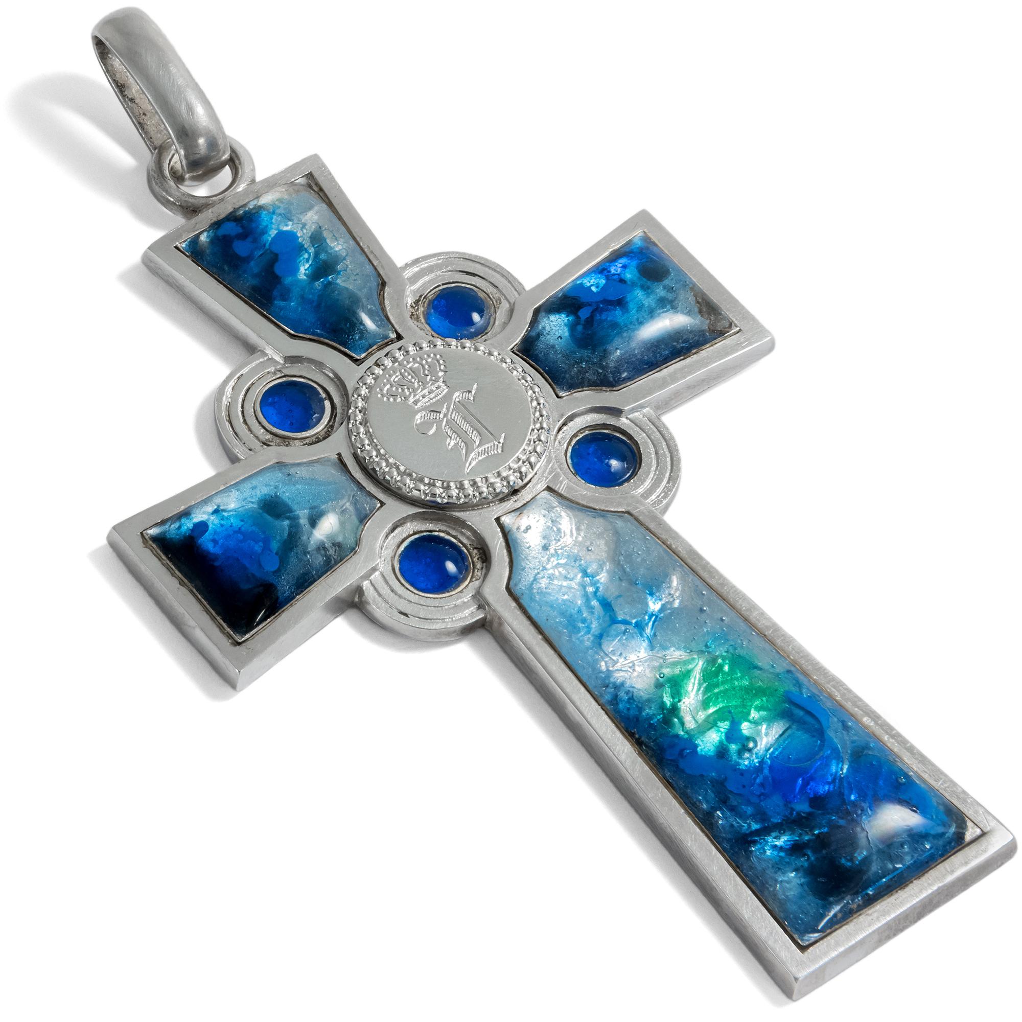 Antique Silver Cross with Enamel Inlays, Germany c. 1910