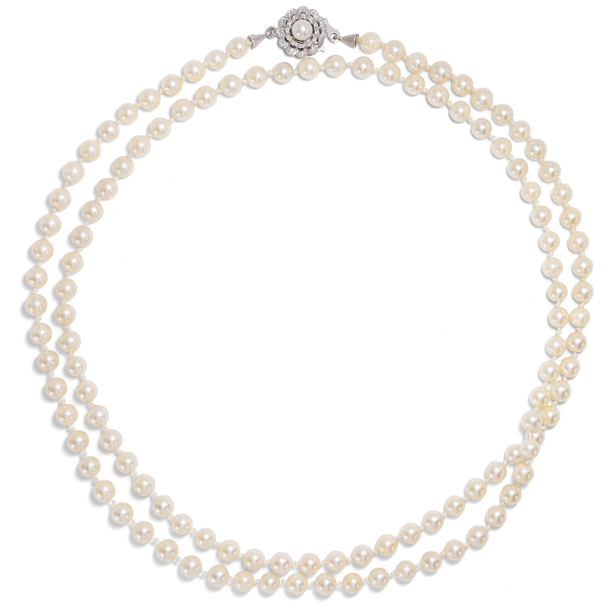 Vintage Akoya Pearl Necklace in Opera Length with White Gold Clasp, c. 1970