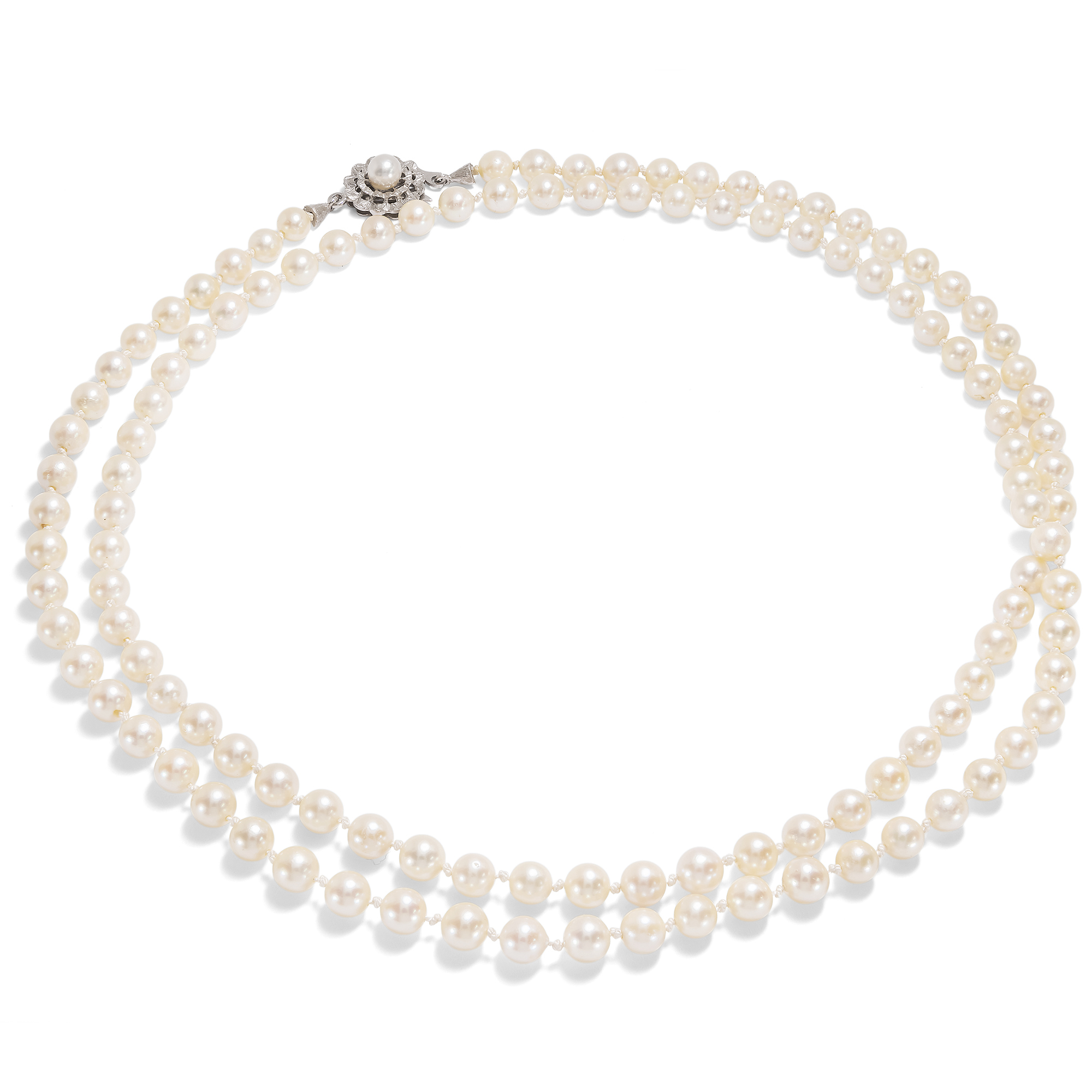 Vintage Akoya Pearl Necklace in Opera Length with White Gold Clasp, c. 1970