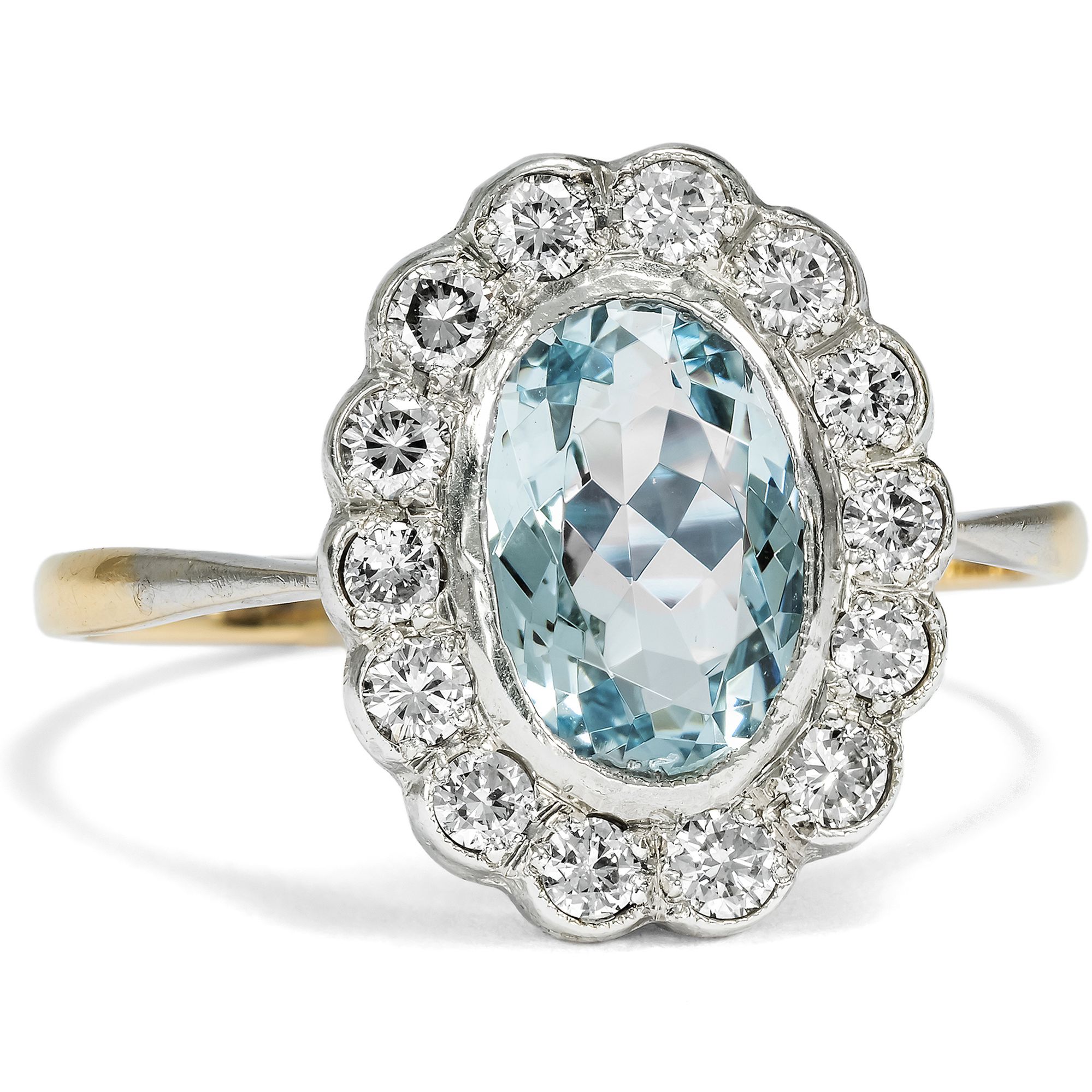 Eleganter Ring mit Aquamarin & Diamanten in Silber & Gold, England um 1920