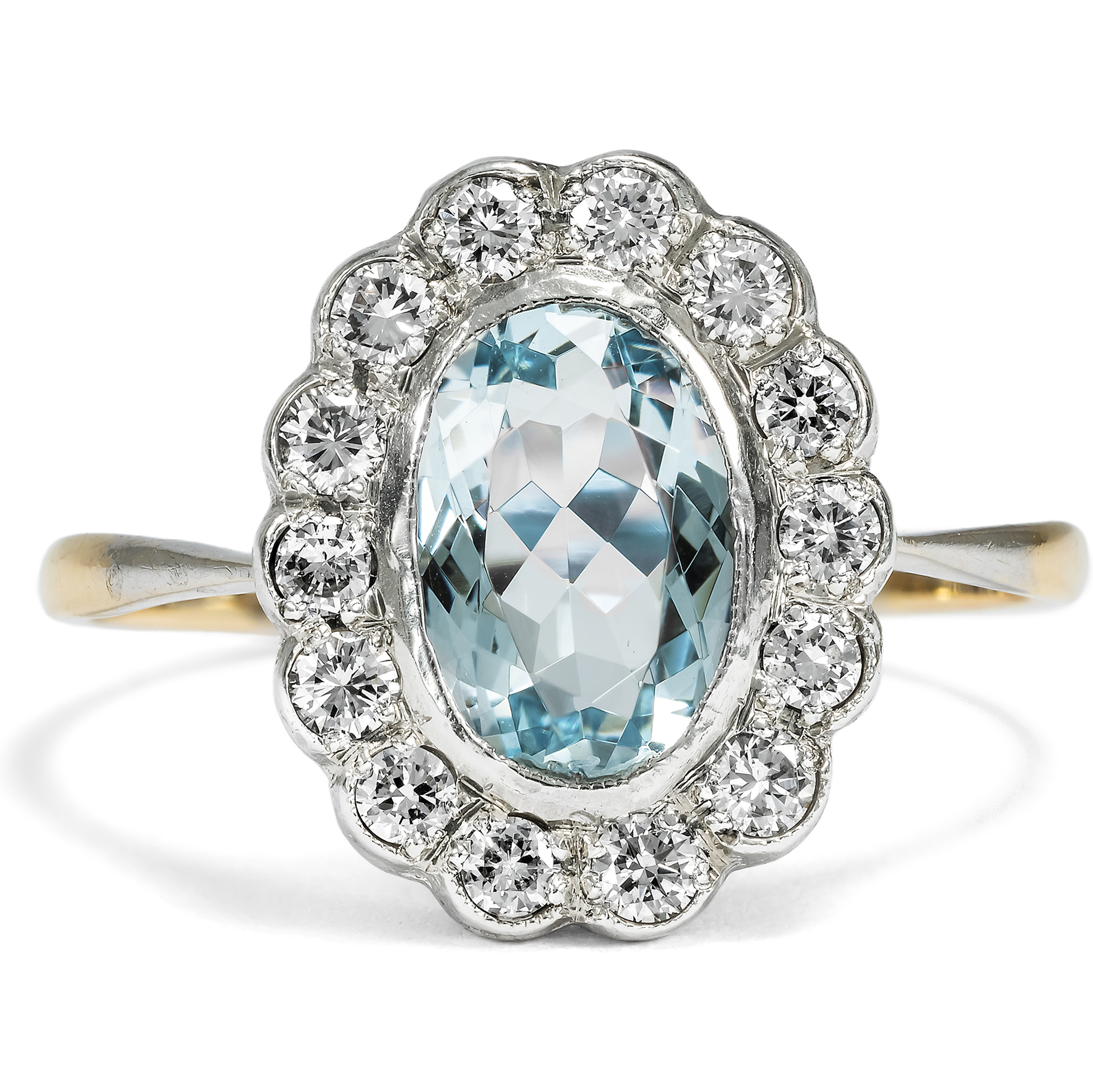 Eleganter Ring mit Aquamarin & Diamanten in Silber & Gold, England um 1920