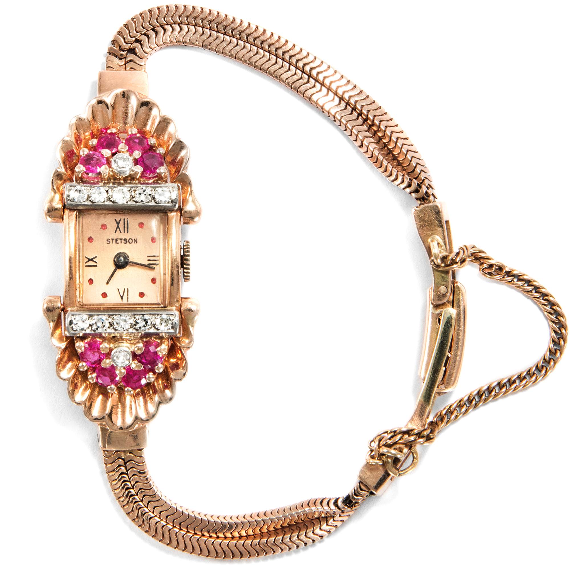 Extravagante Armbanduhr mit Diamanten & Rubinen in Roségold, Stetson USA, 1940er Jahre Extravagante Armbanduhr mit Diamanten & Rubinen in Roségold, Stetson USA, 1940er Jahre