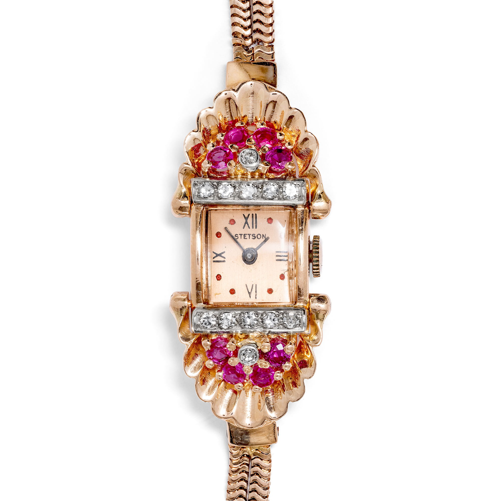 Extravagante Armbanduhr mit Diamanten & Rubinen in Roségold, Stetson USA, 1940er Jahre Extravagante Armbanduhr mit Diamanten & Rubinen in Roségold, Stetson USA, 1940er Jahre
