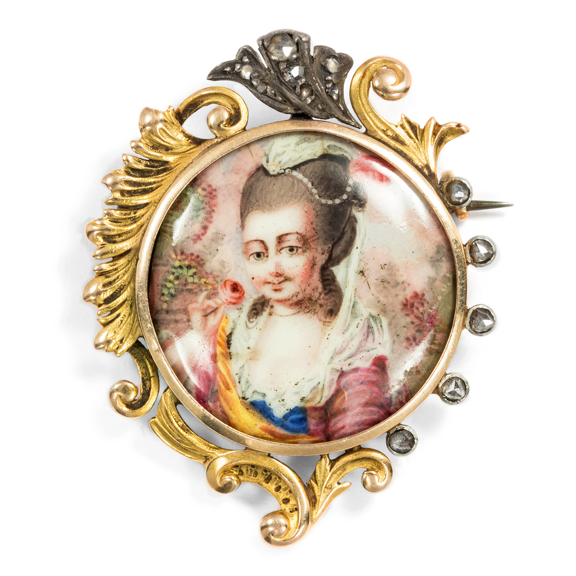 Antique Gold Brooch with Enamel Painting, France c. 1890