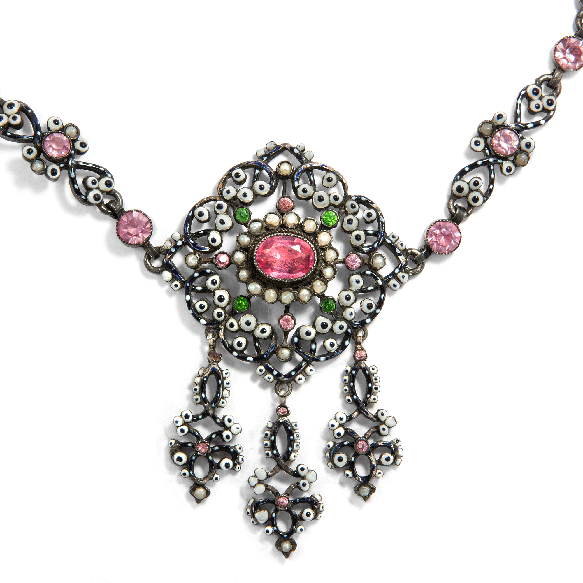 Splendid necklace of historicism in silver, pearls & enamel, 1870s