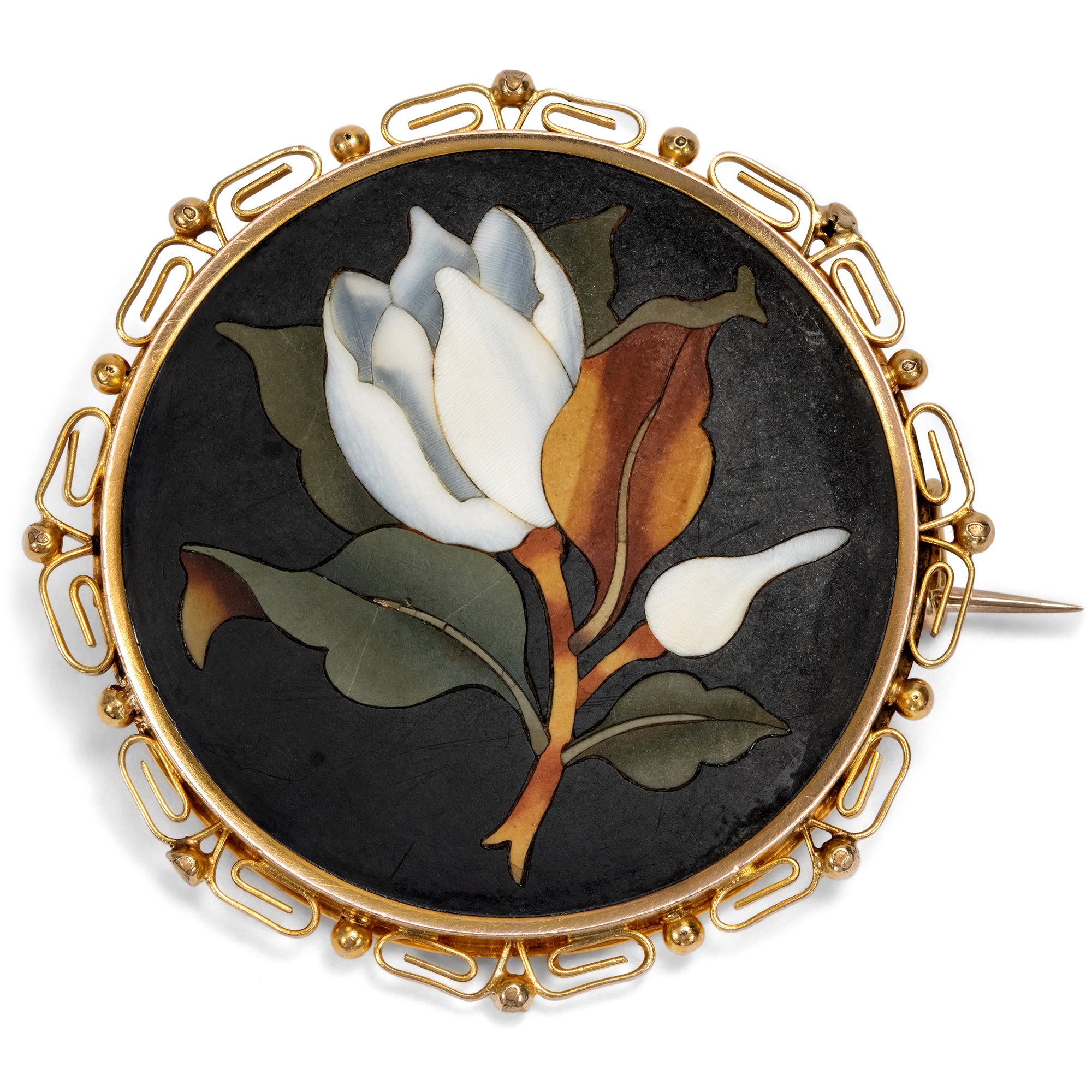 Antike Brosche aus Gold mit Einlage aus „Pietra Dura“, um 1880 Antike Brosche aus Gold mit Einlage aus „Pietra Dura“, um 1880
