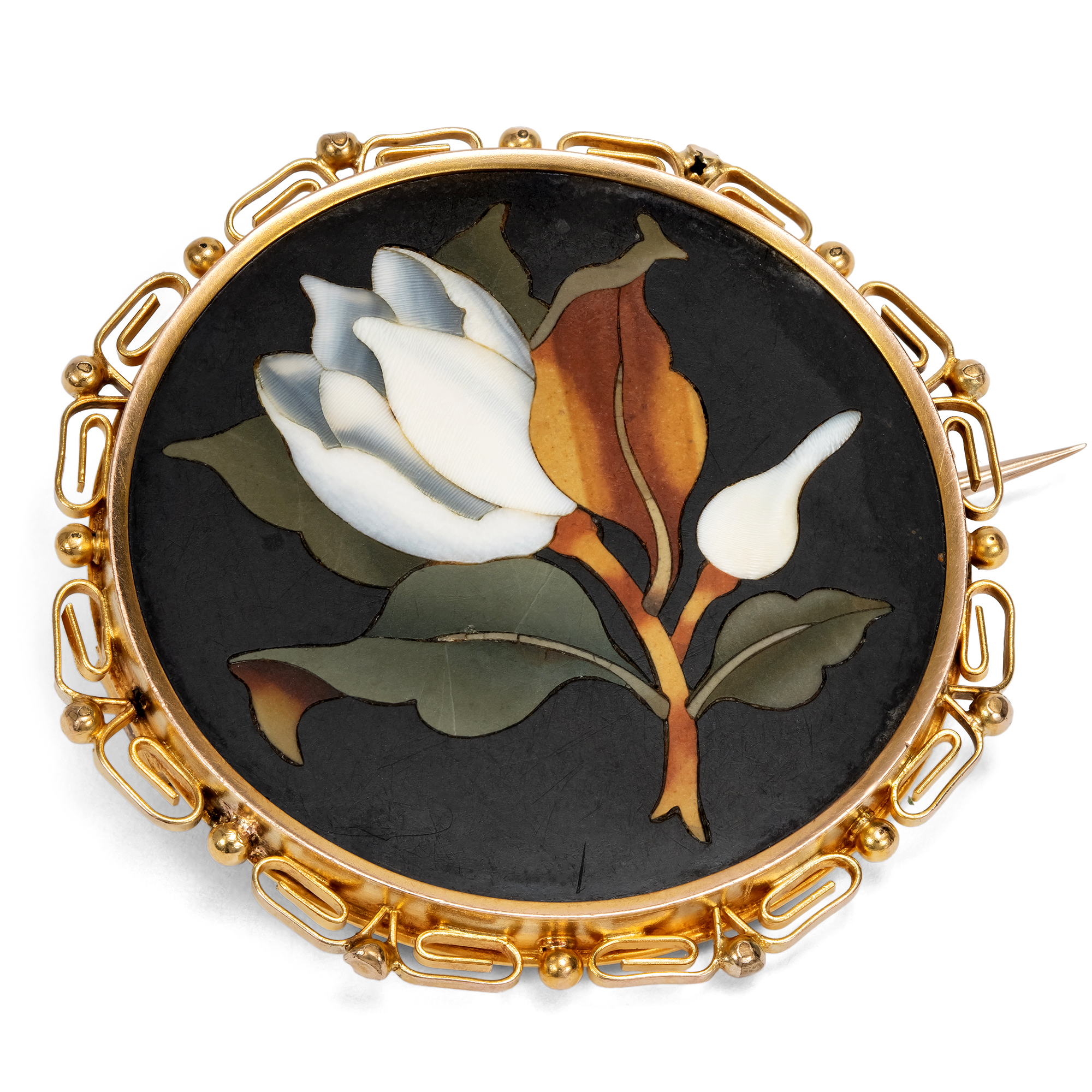 Antike Brosche aus Gold mit Einlage aus „Pietra Dura“, um 1880 Antike Brosche aus Gold mit Einlage aus „Pietra Dura“, um 1880