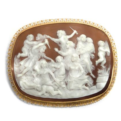 Large vintage shell cameo of the Bethlehemite infanticide, c. 1950 Large vintage shell cameo of the Bethlehemite infanticide, c. 1950