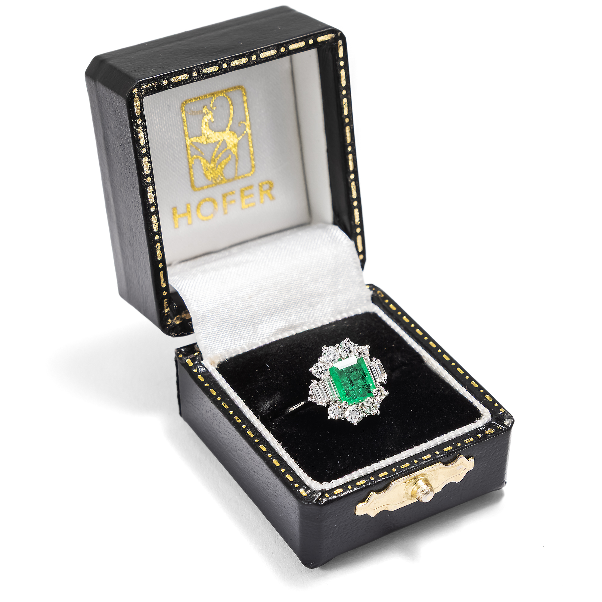 Edler vintage Weißgoldring mit Smaragd & Diamanten, um 1980 Edler vintage Weißgoldring mit Smaragd & Diamanten, um 1980