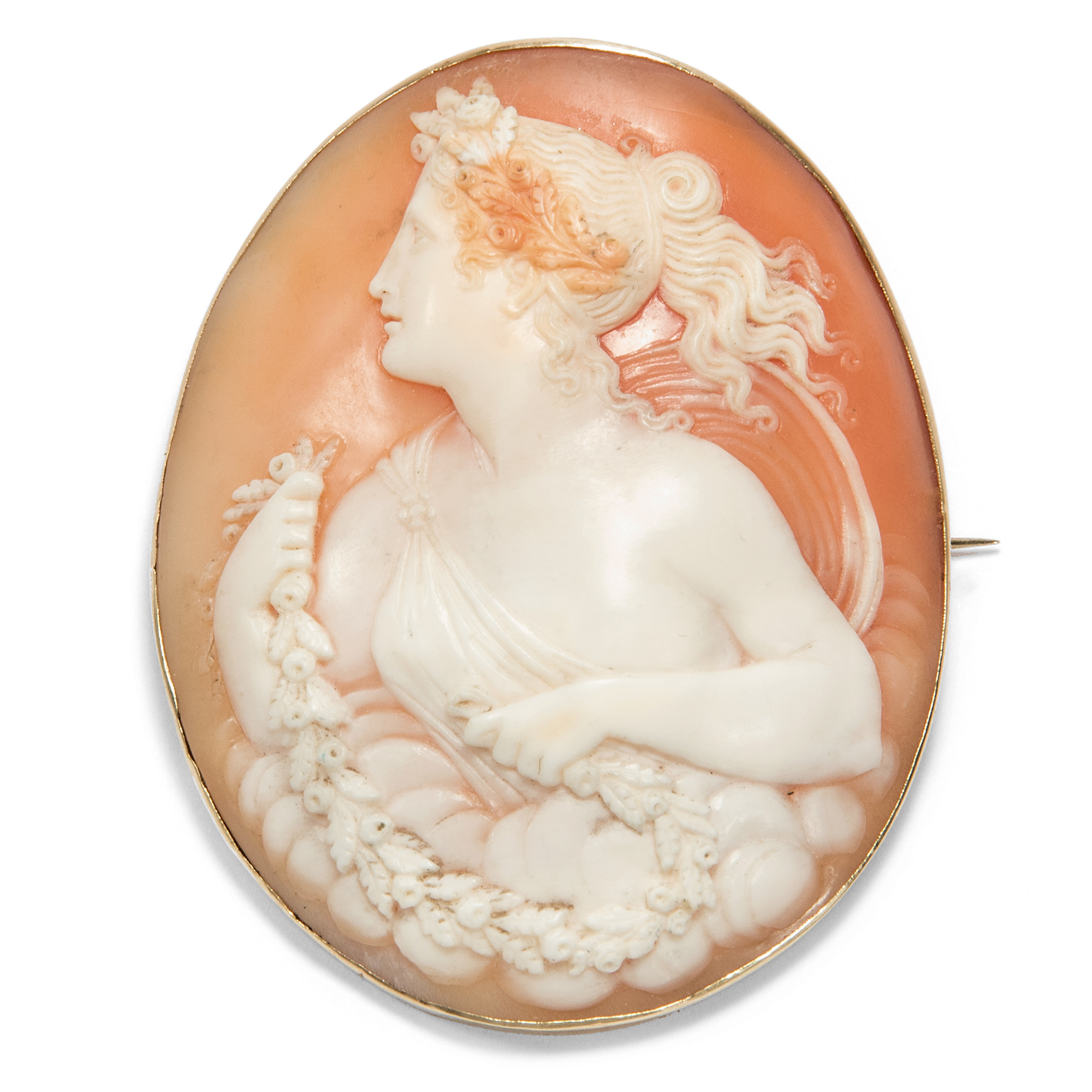Large cameo of Flora as brooch in gold, Naples ca. 1880