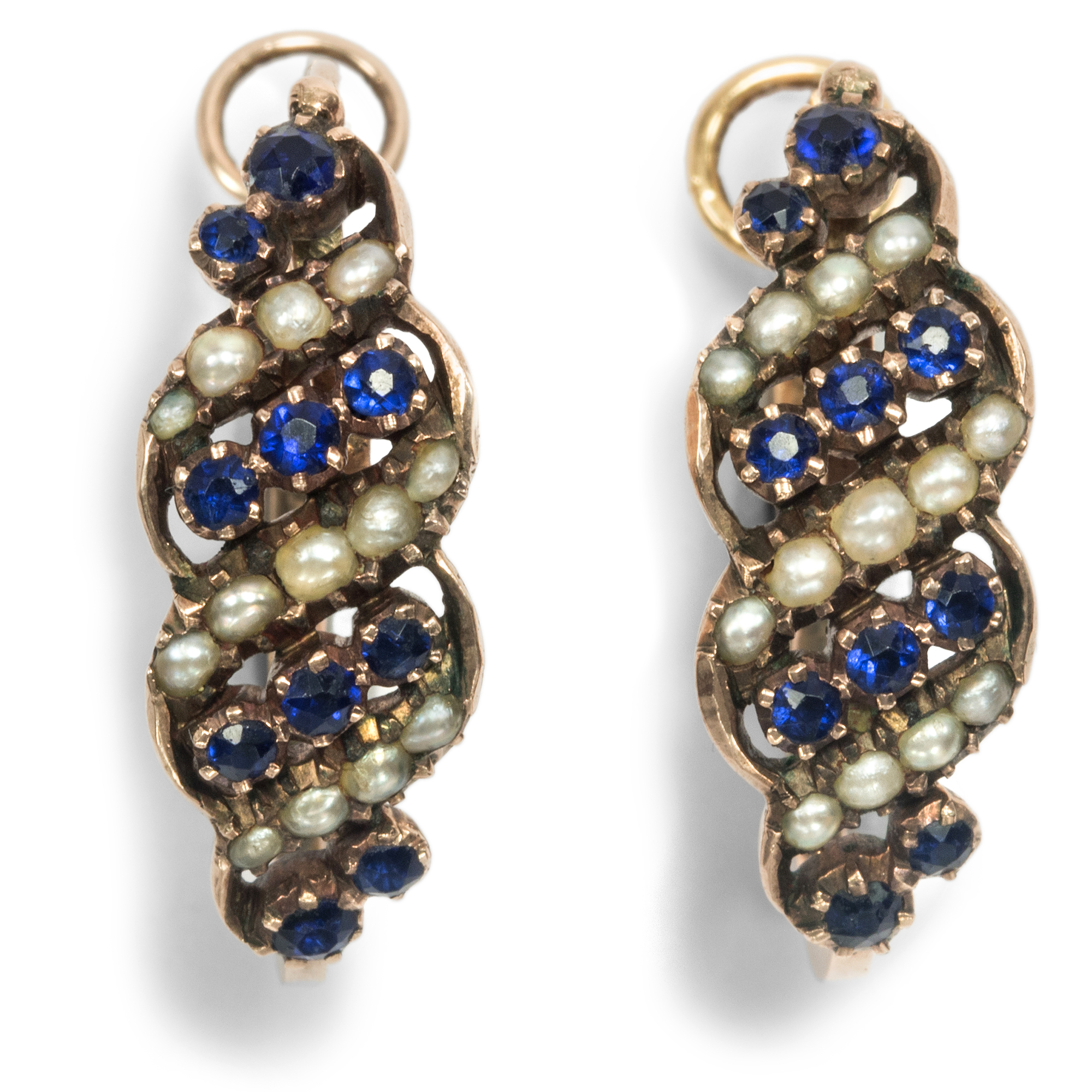 Antique Biedermeier poissant earrings with natural pearls & glass pastes, around 1820