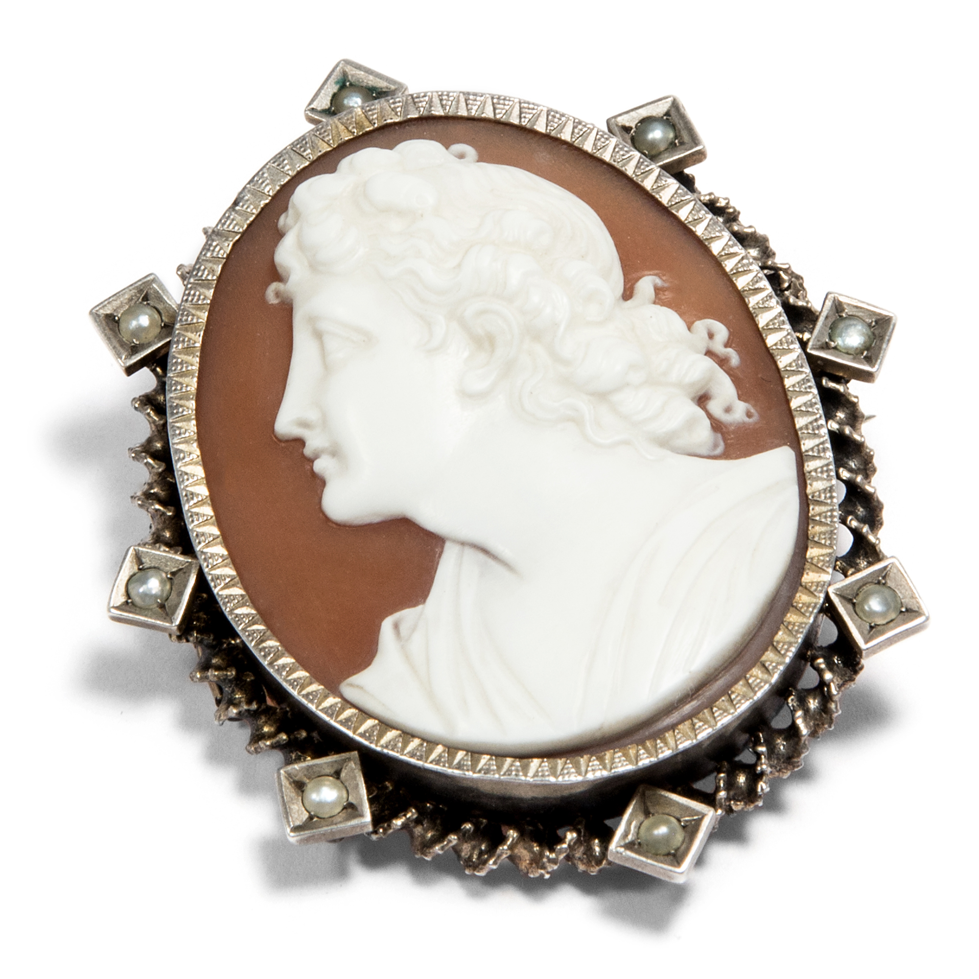 Antique brooch with shell cameo of the god Apollon in silver, around 1880