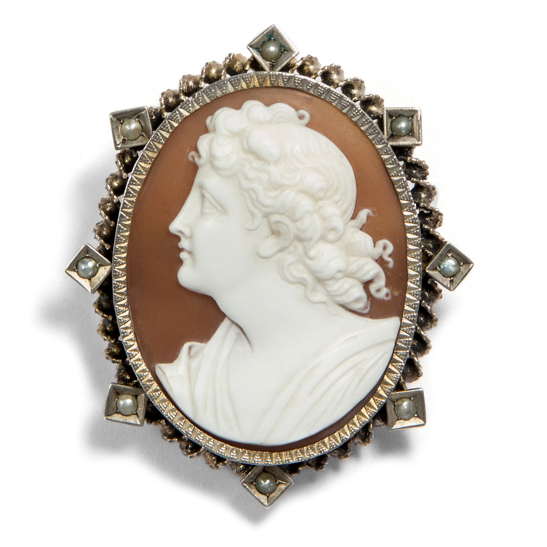 Antique brooch with shell cameo of the god Apollon in silver, around 1880