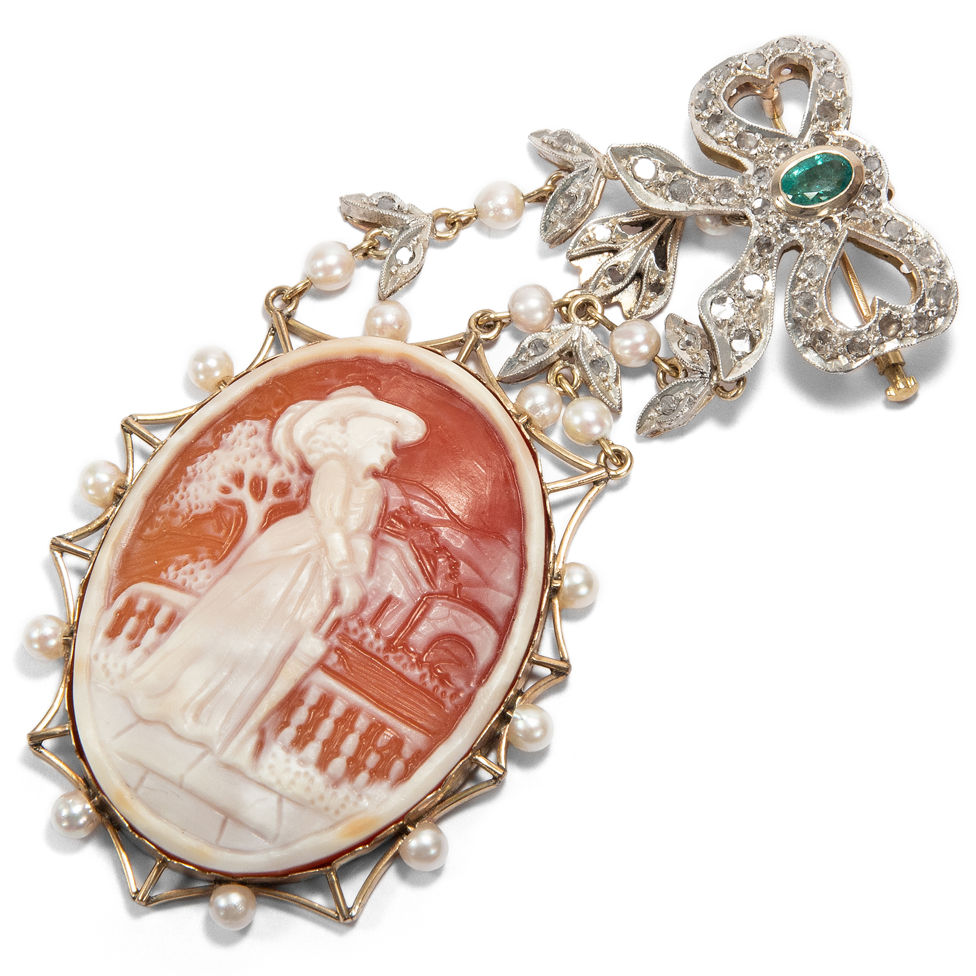 Bellissima Signora • Verspielter vintage Schmuck mit Muschelgemme, Smaragd  und Perlen, Italien um 1985 • Hofer Antikschmuck