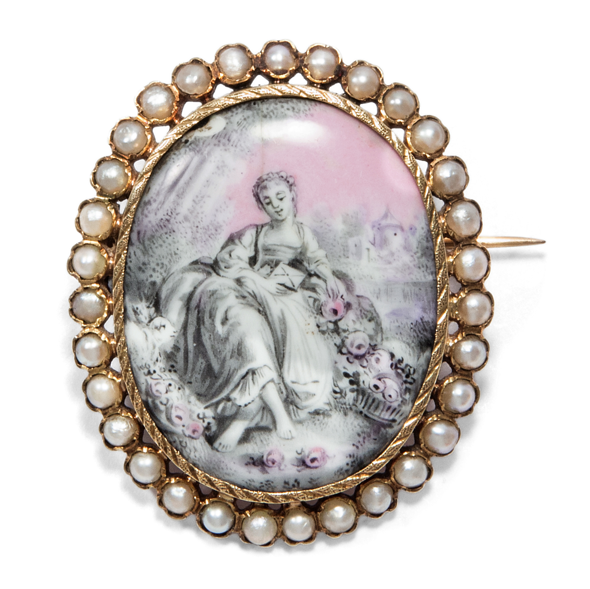 Antique gold brooch with seed pearls and Watteau painting on porcelain, around 1860