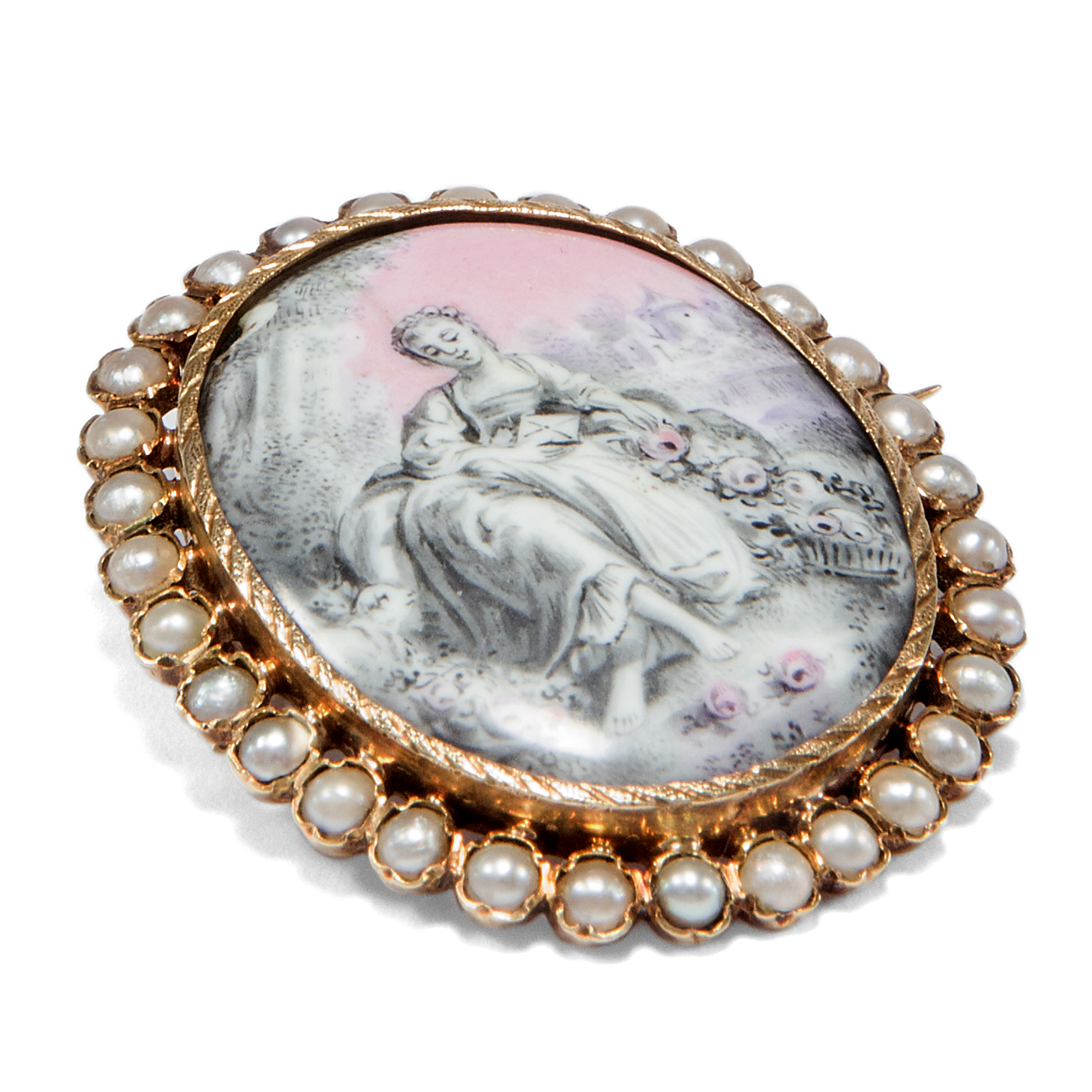 Antique gold brooch with seed pearls and Watteau painting on porcelain, around 1860