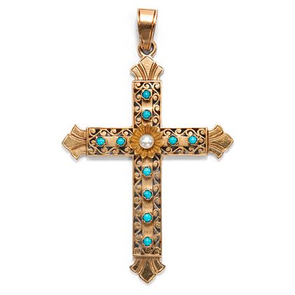 Antikes Kreuz mit Türkisen und Naturperle in 18-karätigem Gold, um 1870 Antikes Kreuz mit Türkisen und Naturperle in 18-karätigem Gold, um 1870