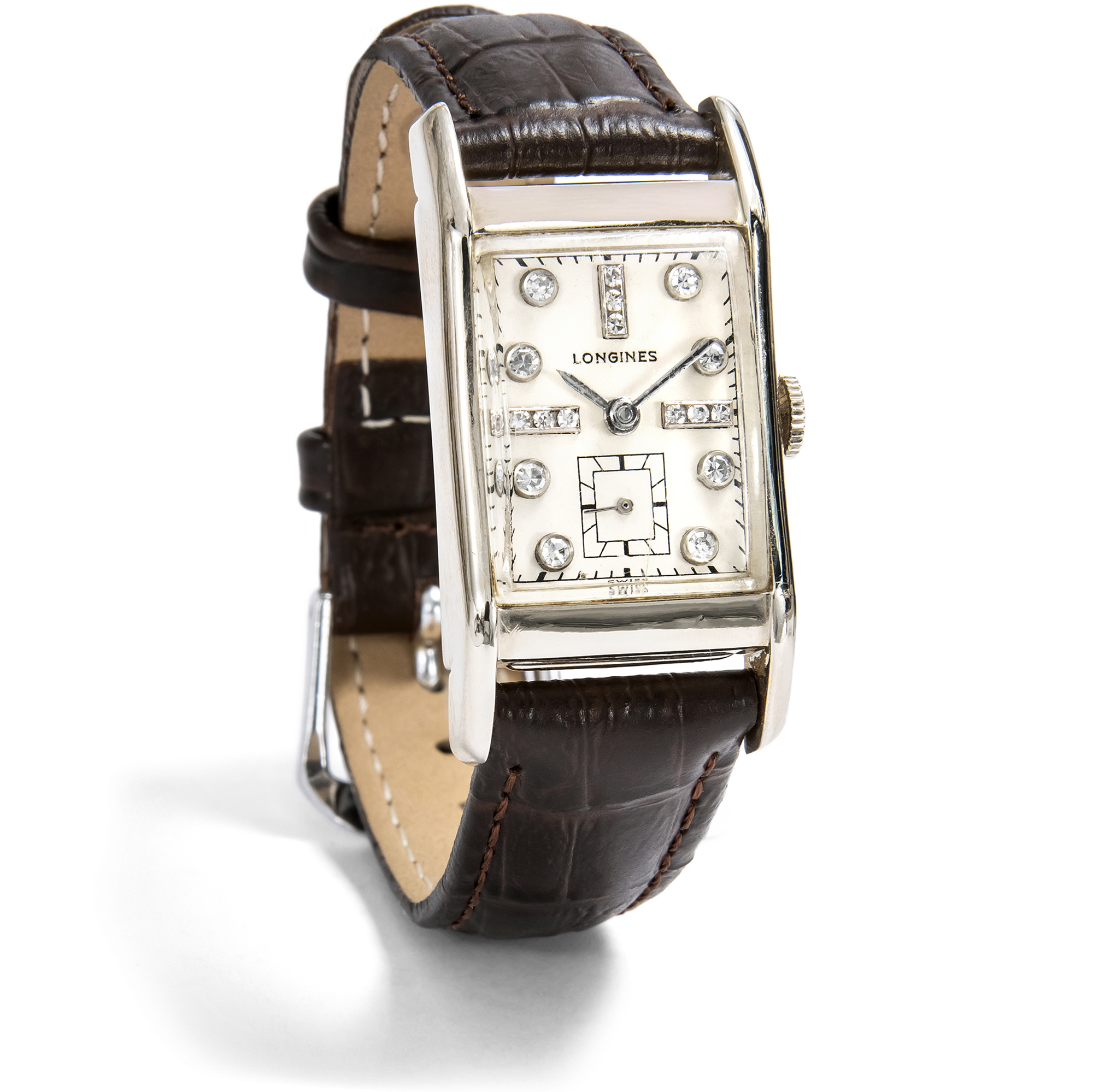 Vintage Wristwatch From Longines With Diamonds In White Gold, Circa 1950 Vintage Wristwatch From Longines With Diamonds In White Gold, Circa 1950