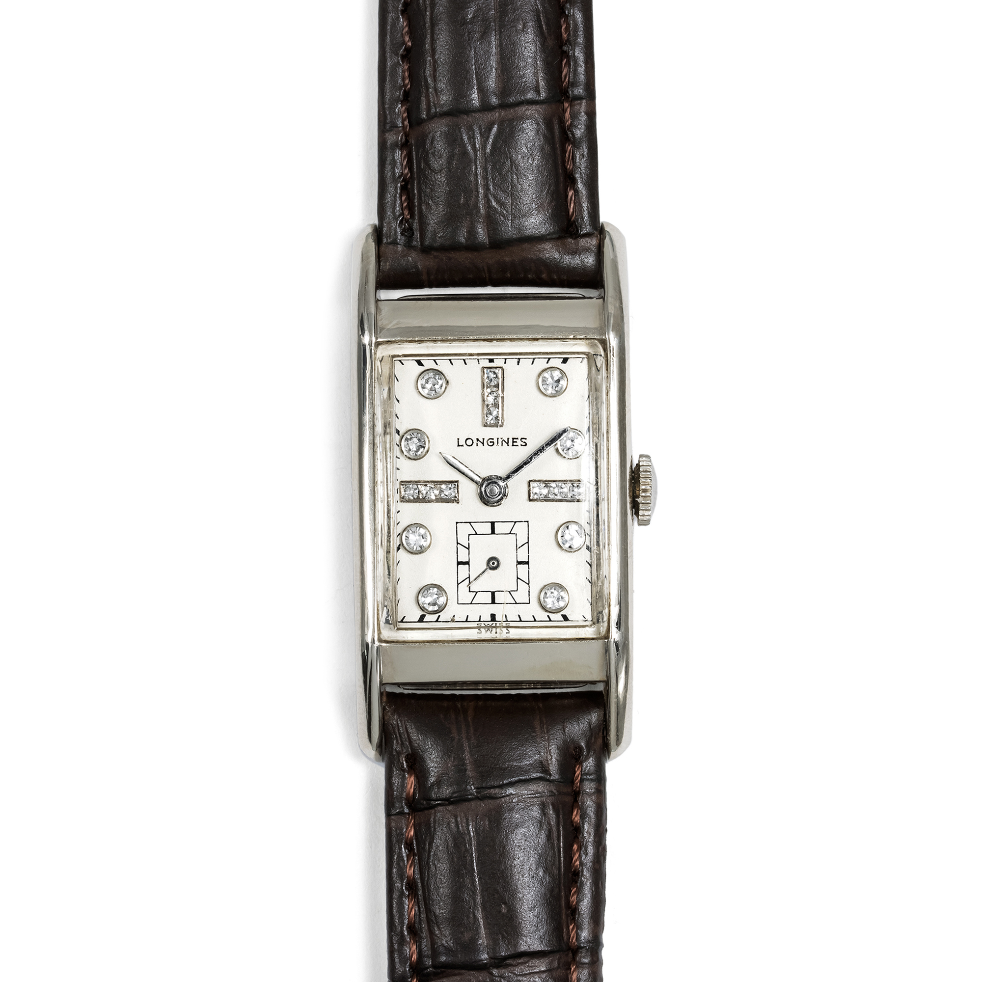 Vintage Wristwatch From Longines With Diamonds In White Gold, Circa 1950 Vintage Wristwatch From Longines With Diamonds In White Gold, Circa 1950