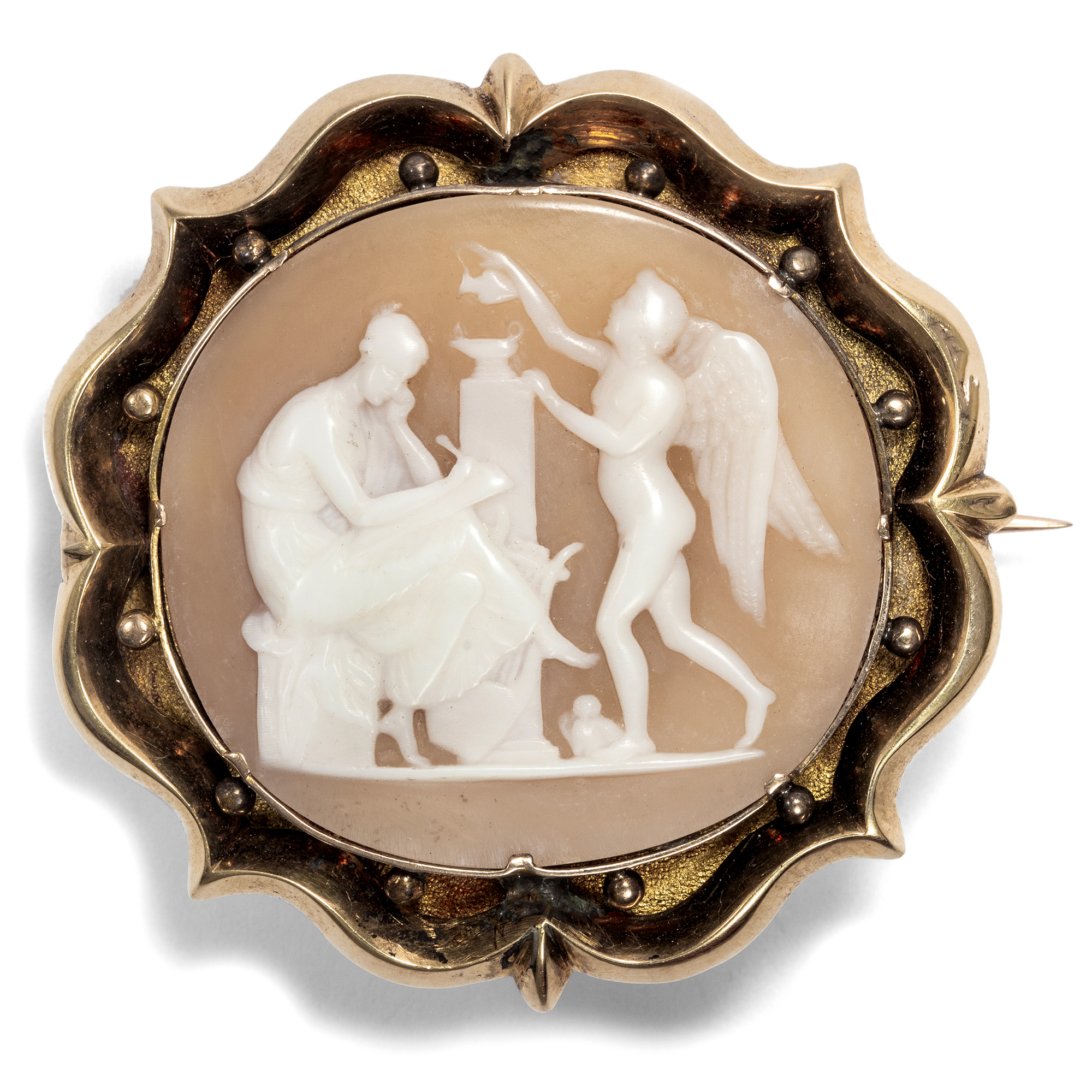 Antique shell cameo with Erato & Eros in gold setting, around 1860