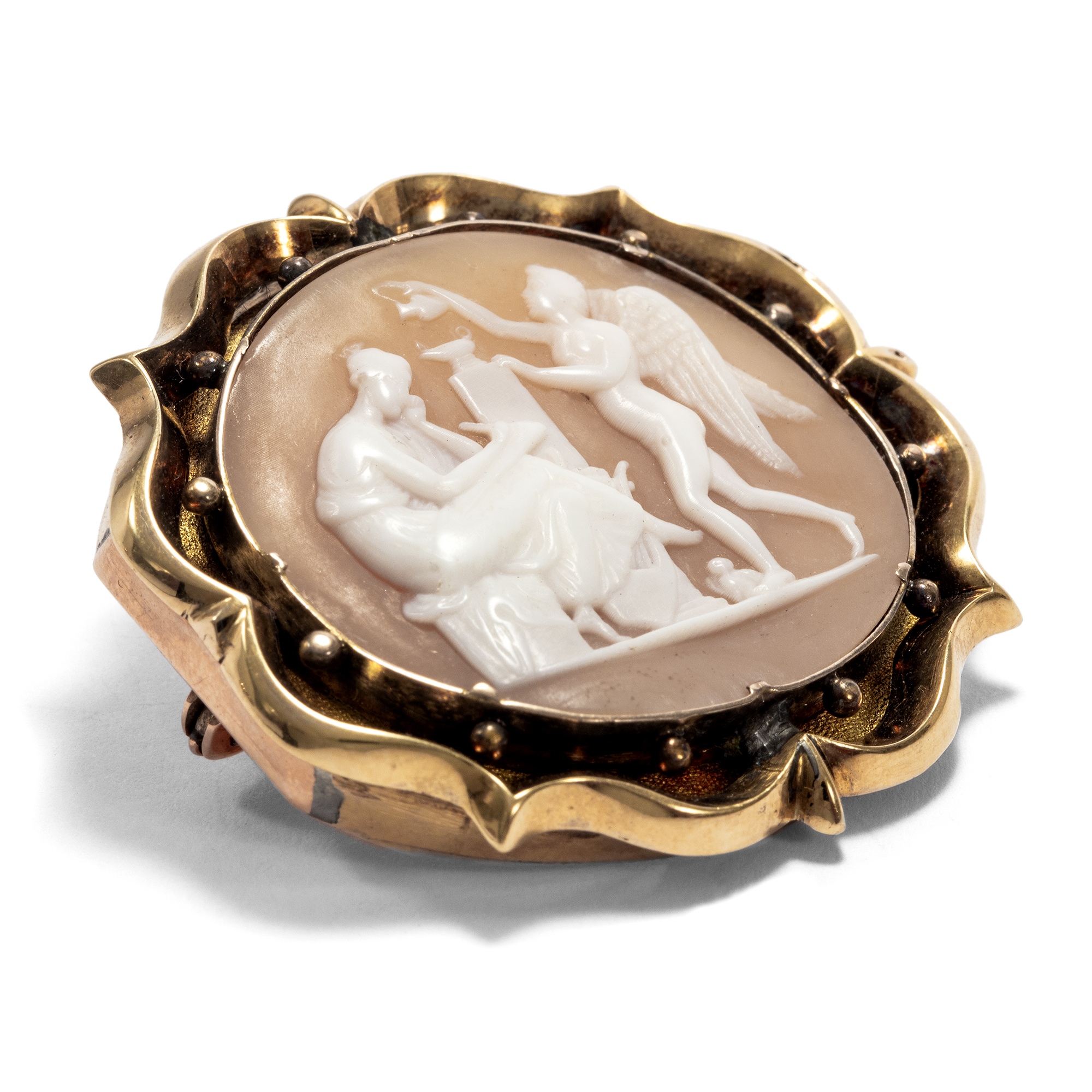 Antique shell cameo with Erato & Eros in gold setting, around 1860