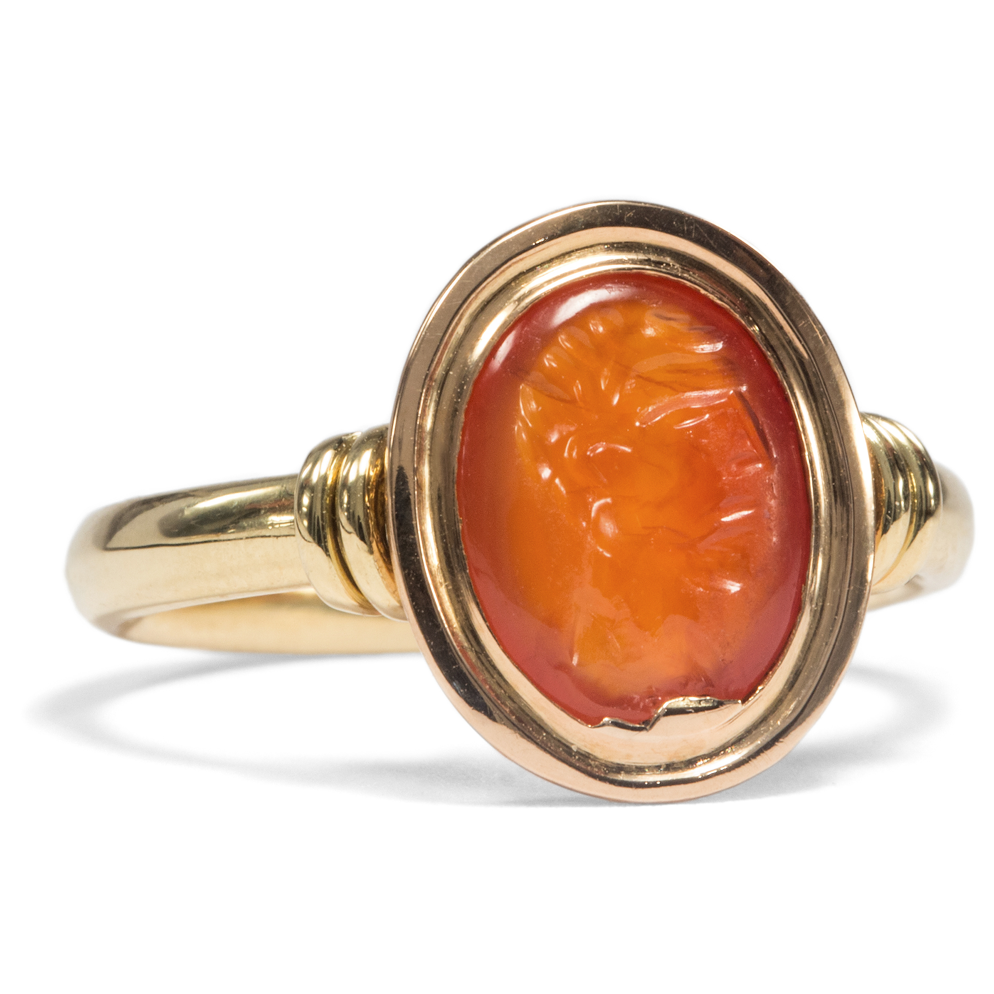 Exceptional carnelian intaglio in a modern rose gold ring, antique or 18th century