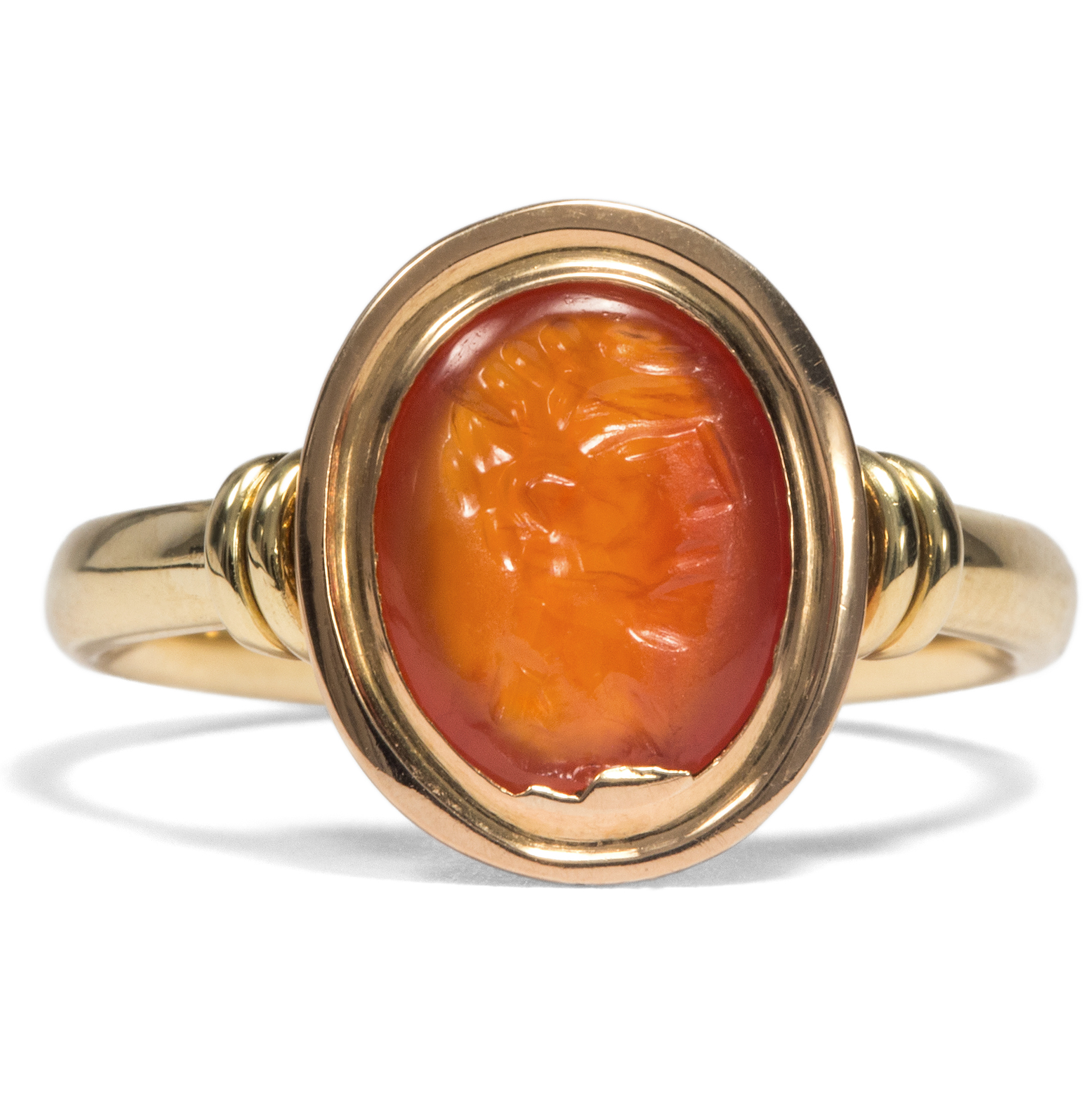 Exceptional carnelian intaglio in a modern rose gold ring, antique or 18th century