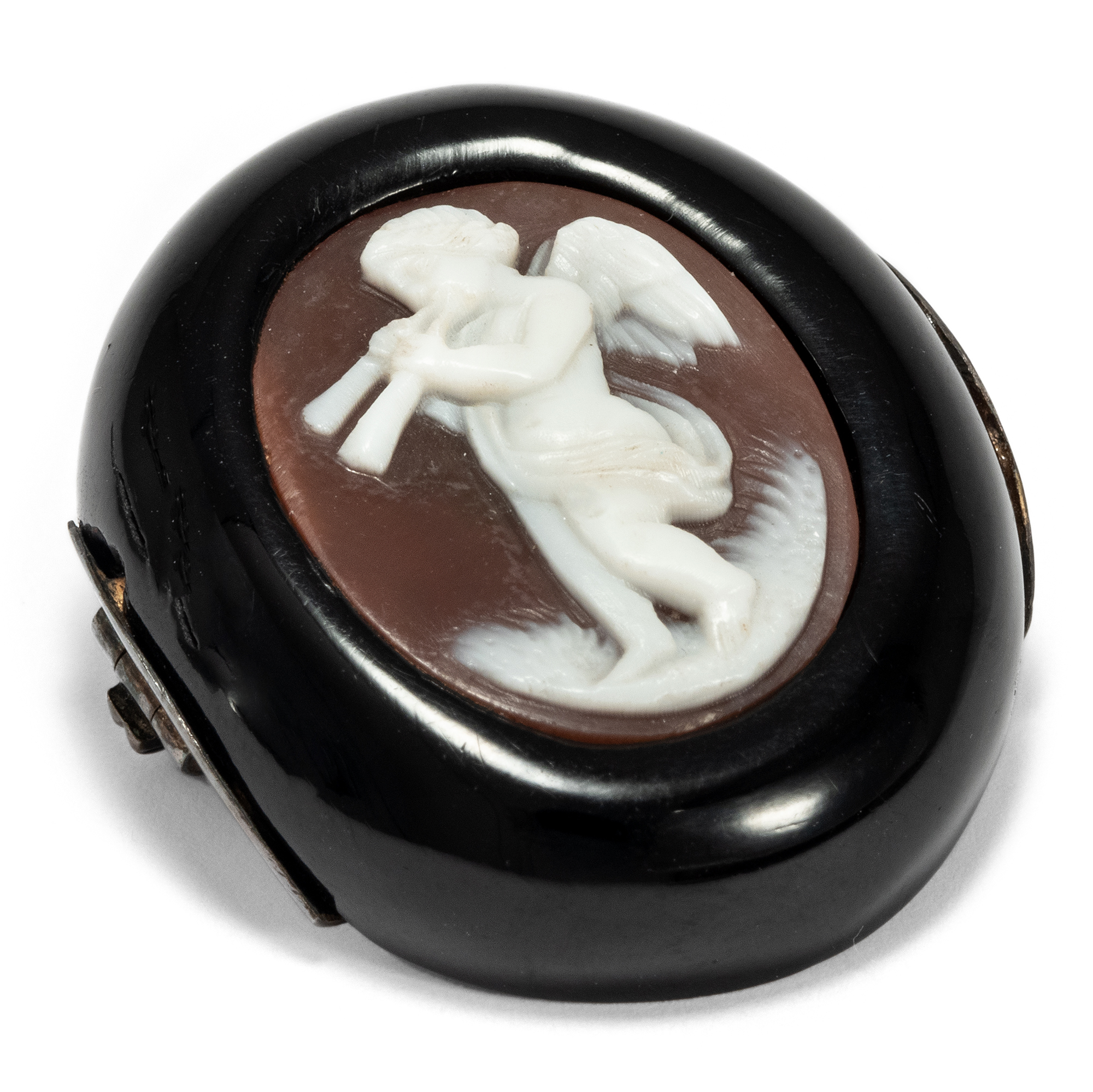 Victorian Jet Brooch with a Shell Cameo Depicting an Aulos Playing Putto, ca. 1880