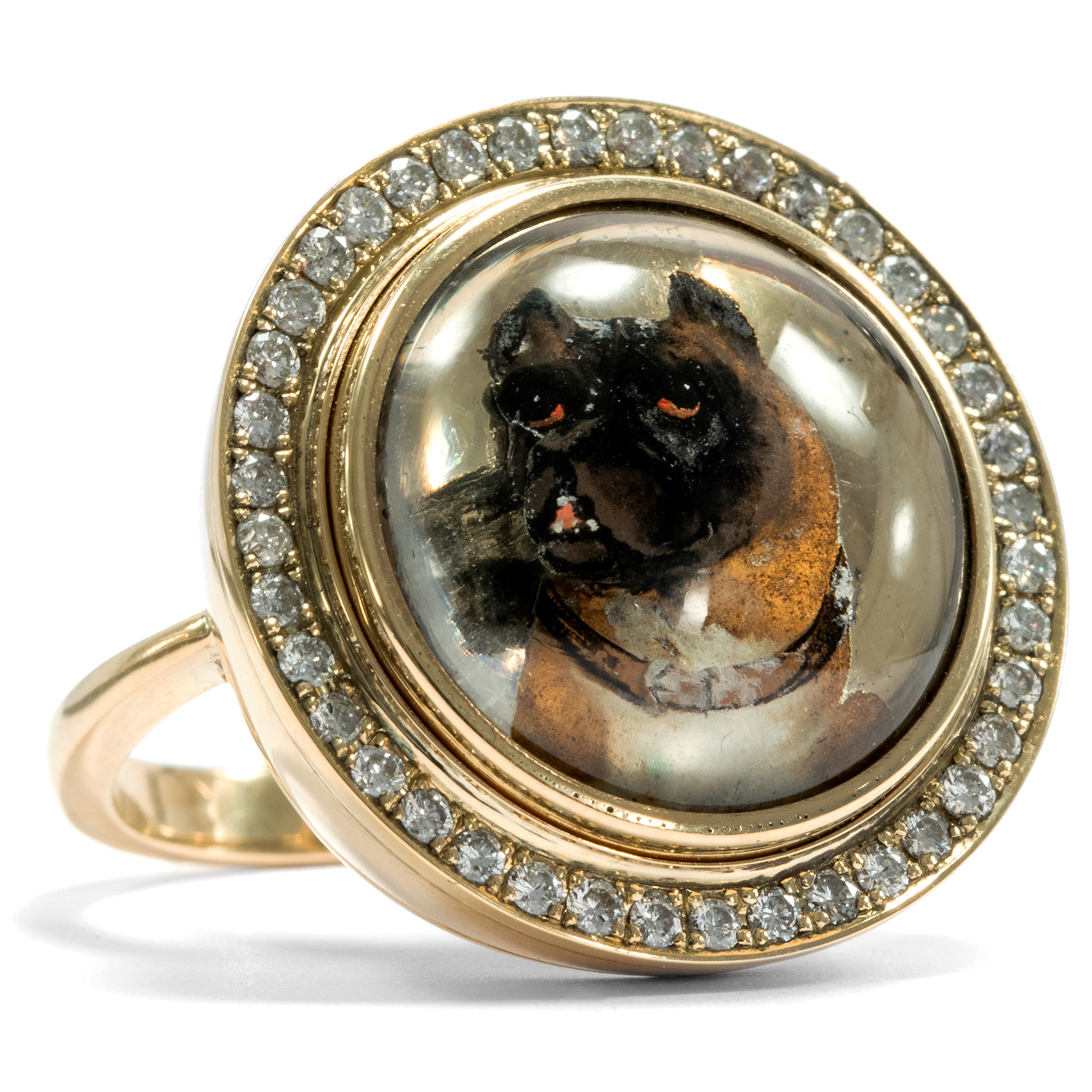 Victorian Essex Crystal with Brabant Bull Bite in Modern Diamond Ring