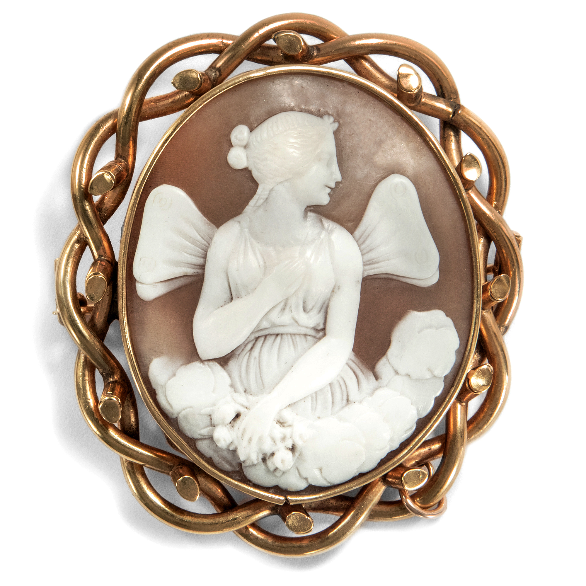 Large shell cameo with representation of Psyche as brooch, around 1850