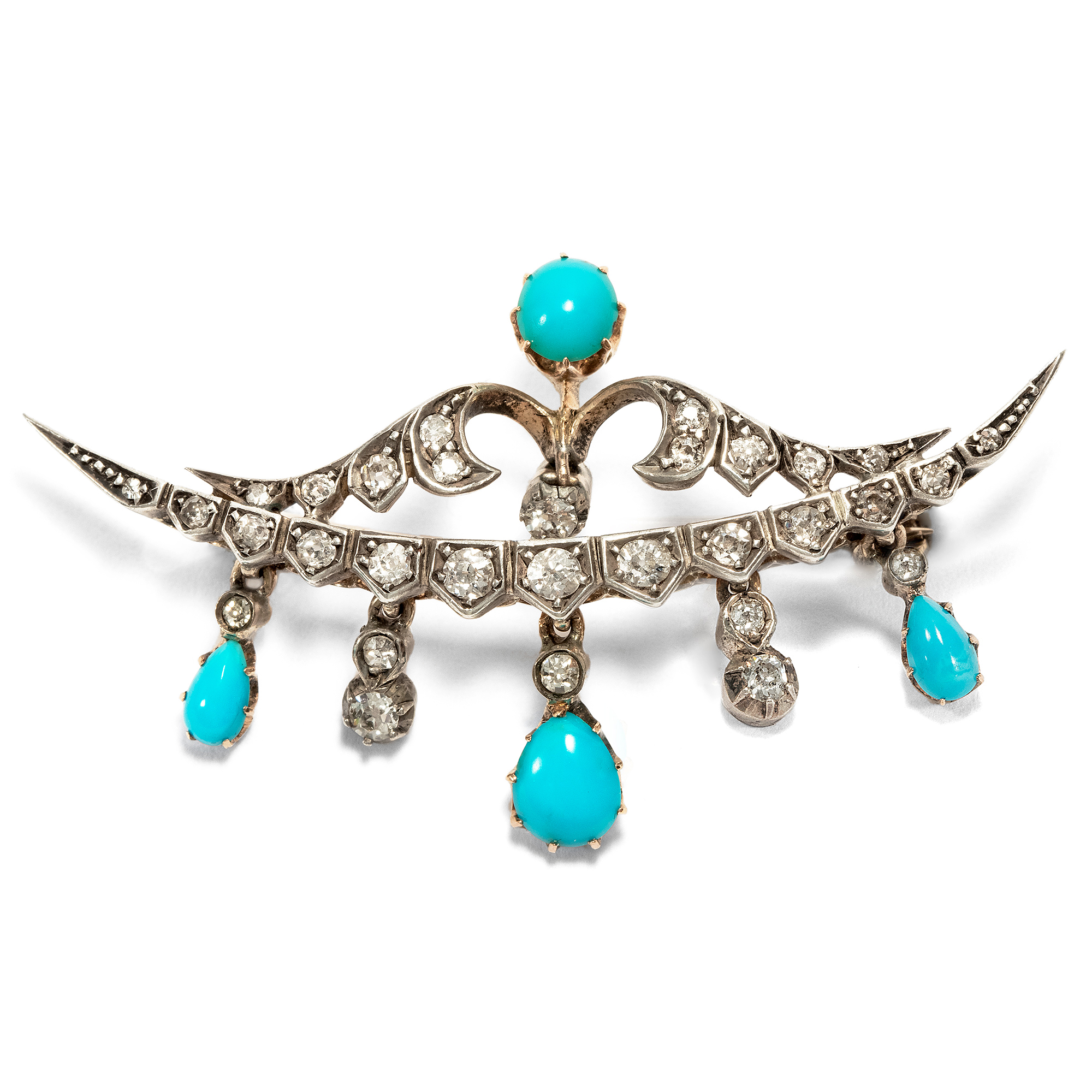 Romantic honeymoon brooch with diamonds and turquoises in gold, around 1900