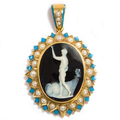 Exquisite antike Onyx-Kamee mit Perlen in Gold, um 1870 Exquisite antike Onyx-Kamee mit Perlen in Gold, um 1870