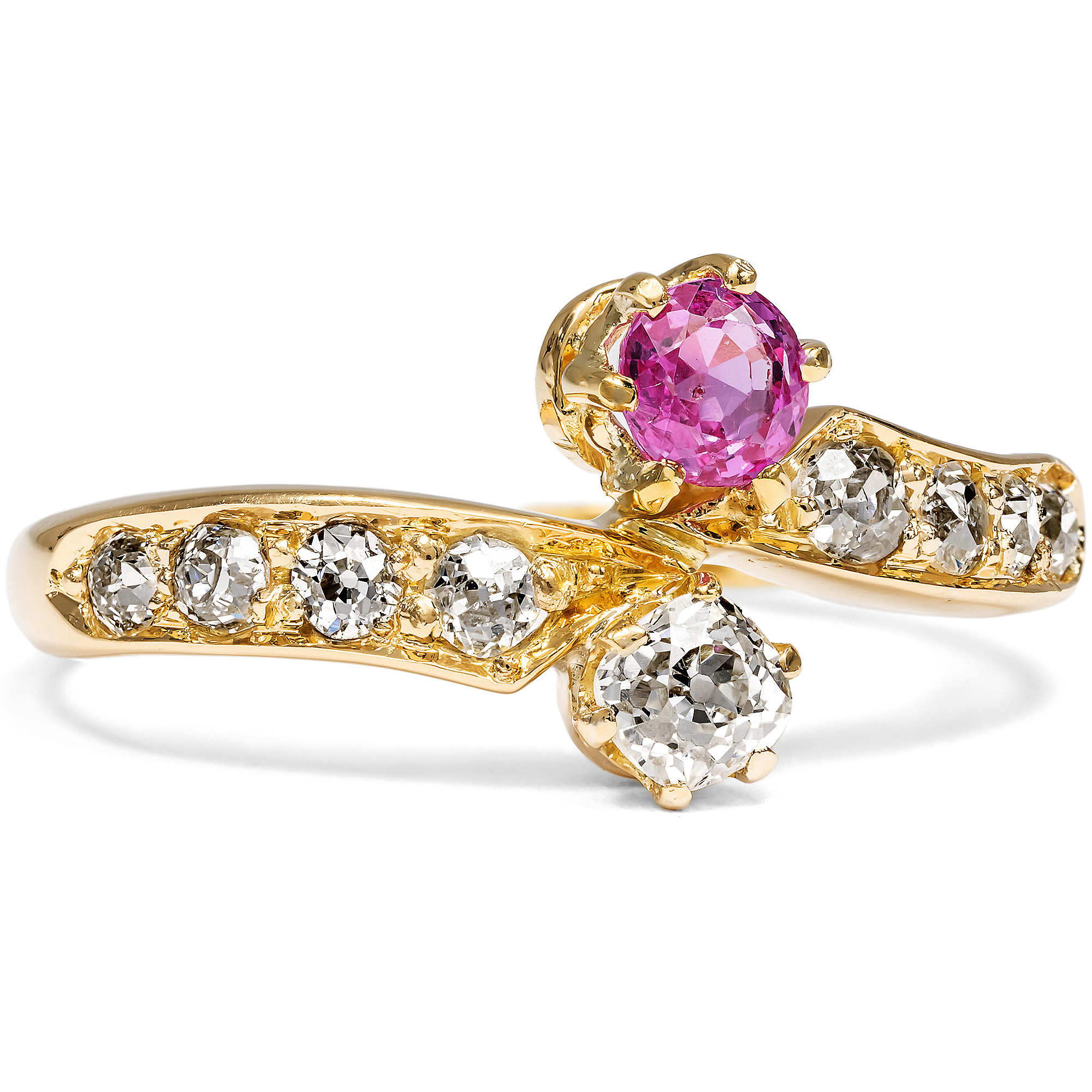 Eleganter antiker „Toi-et-Moi“-Ring mit rosa Saphir & Diamanten, England 1889 Eleganter antiker „Toi-et-Moi“-Ring mit rosa Saphir & Diamanten, England 1889