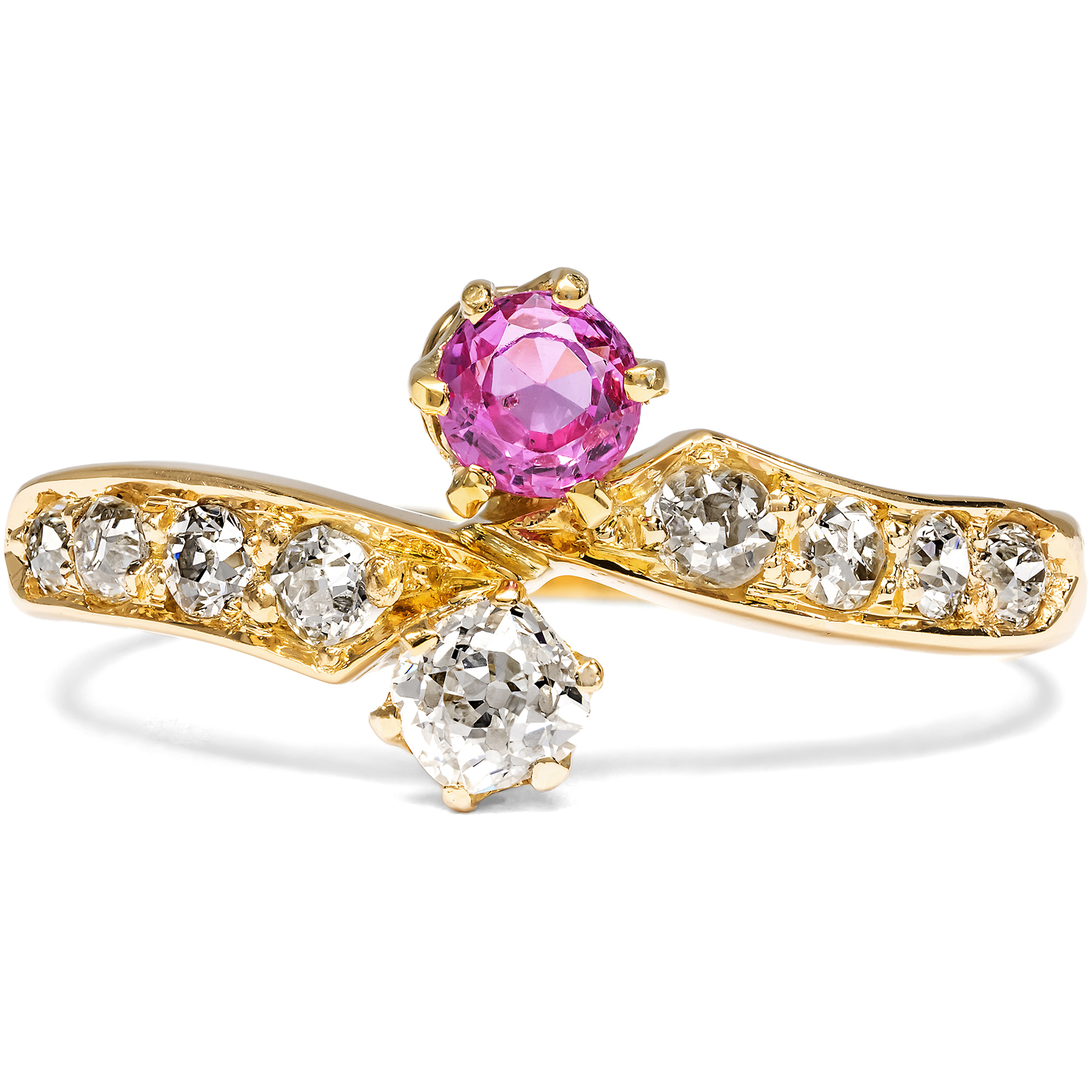 Eleganter antiker „Toi-et-Moi“-Ring mit rosa Saphir & Diamanten, England 1889 Eleganter antiker „Toi-et-Moi“-Ring mit rosa Saphir & Diamanten, England 1889