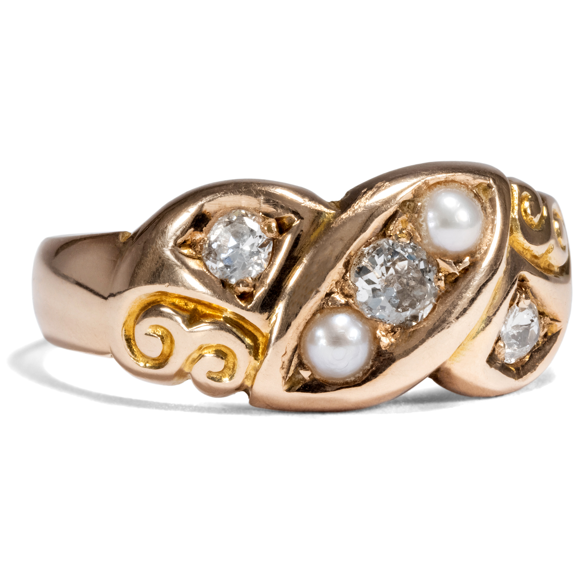 Romantischer Ring mit Diamanten & Perlen in Gold aus Großbritannien, datiert 1905