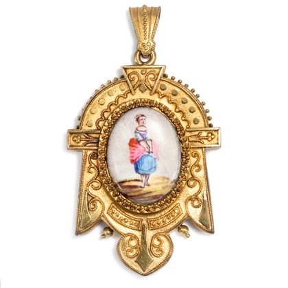 Gilt medallion pendant with porcelain painting, around 1870 Gilt medallion pendant with porcelain painting, around 1870