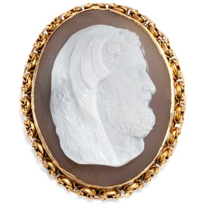 Große antike Achat-Kamee in Gold als Brosche, um 1870 Große antike Achat-Kamee in Gold als Brosche, um 1870