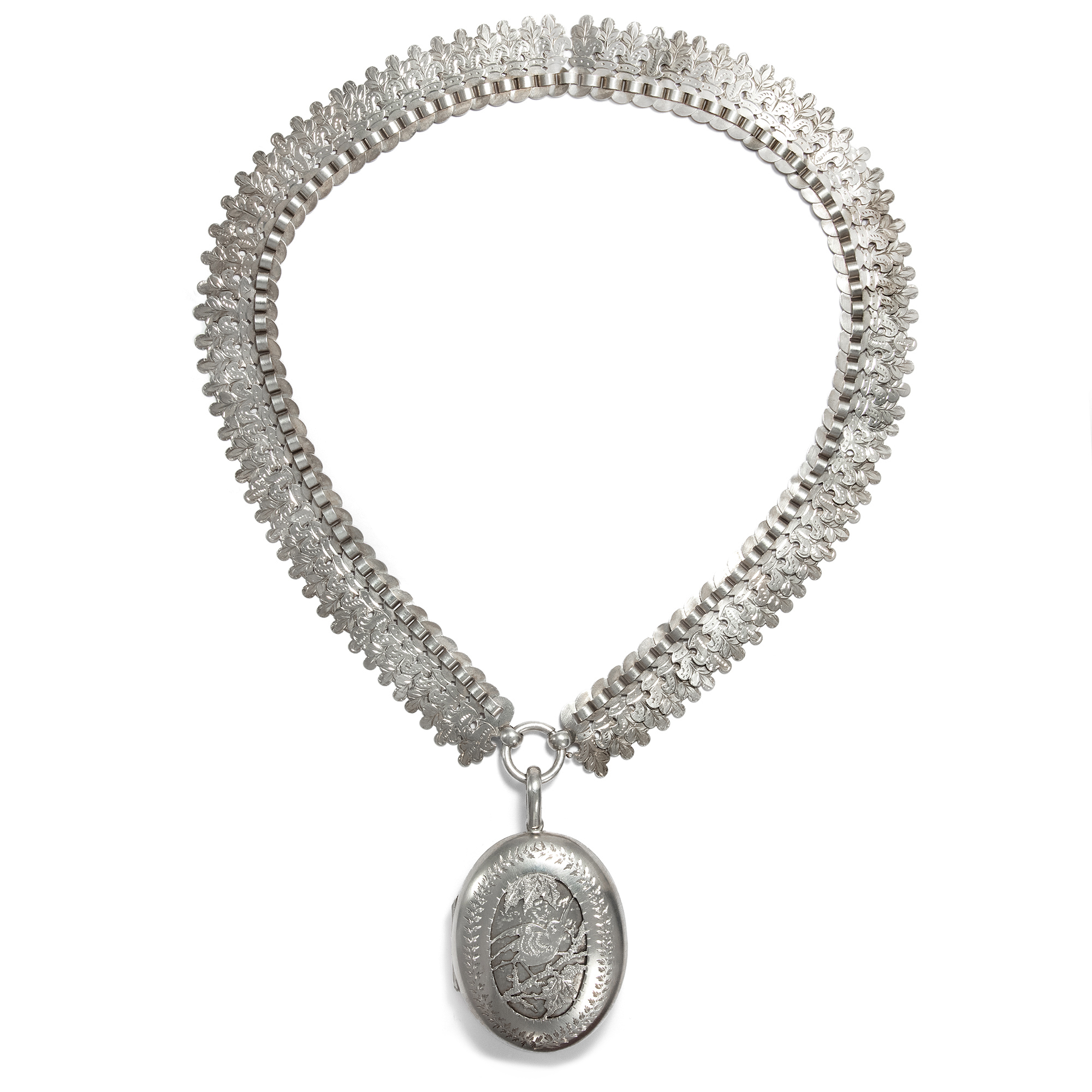 Aesthetic Movement Victorian Silver Necklace with Locket Pendant, British, ca. 1880