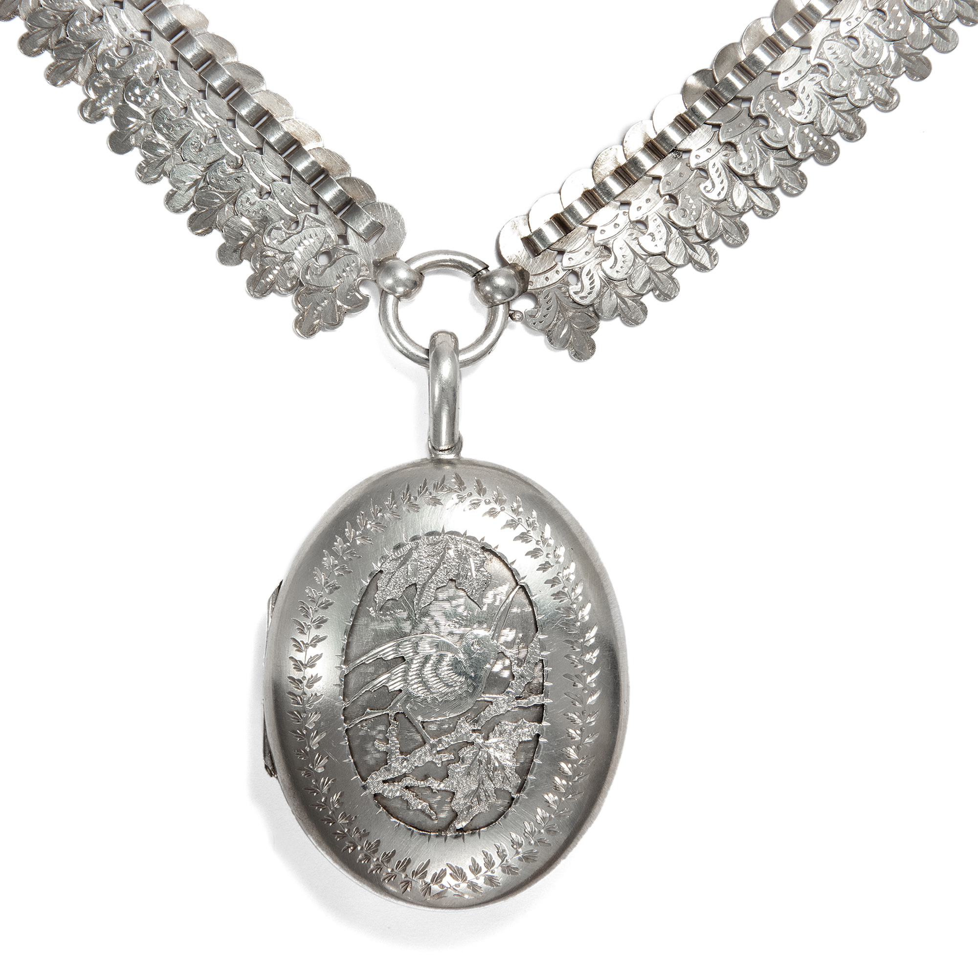 Aesthetic Movement Victorian Silver Necklace with Locket Pendant, British, ca. 1880