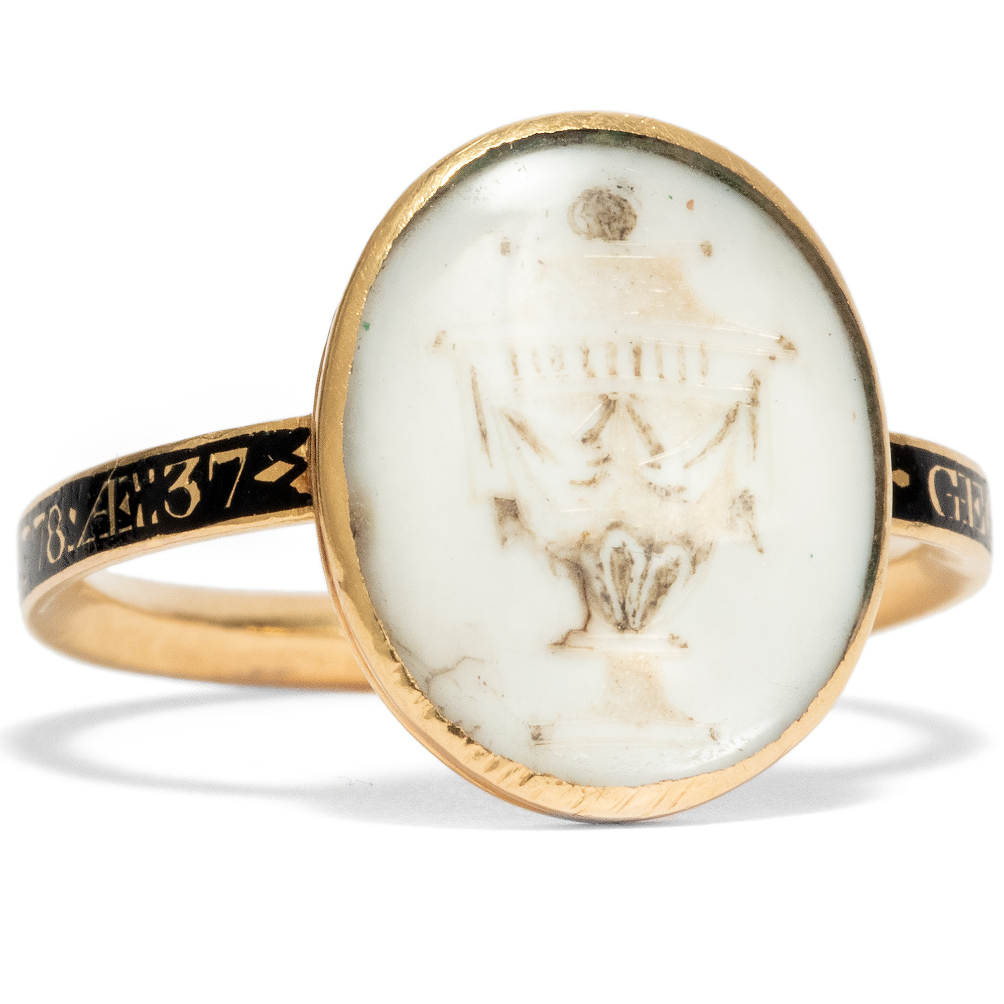 Antique memorial ring with miniature in gold, dated 1778