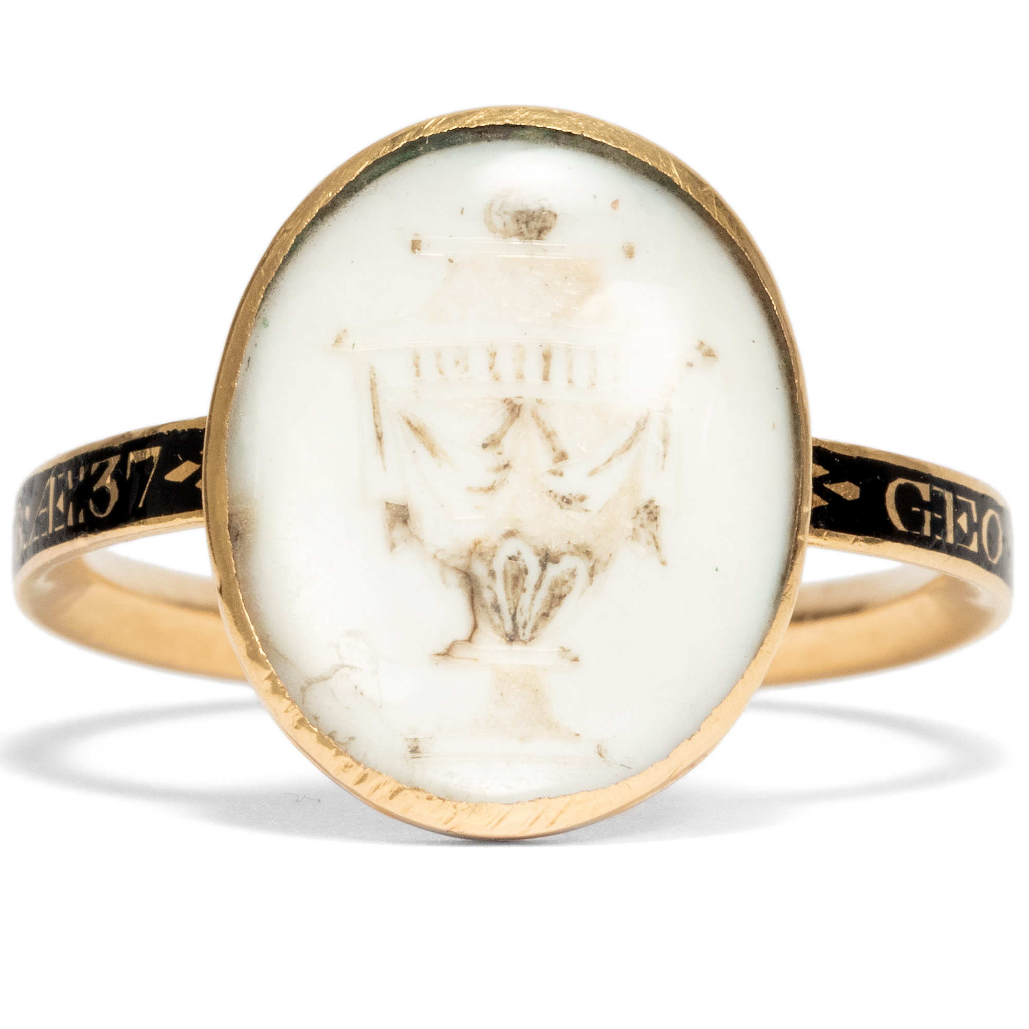 Antique memorial ring with miniature in gold, dated 1778