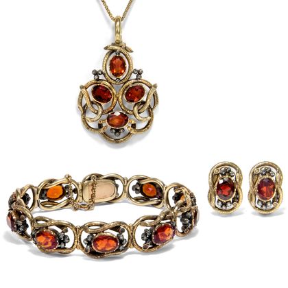Biedermeierliche Citrin-Parure mit Diamanten in Gold, um 1840 Biedermeierliche Citrin-Parure mit Diamanten in Gold, um 1840