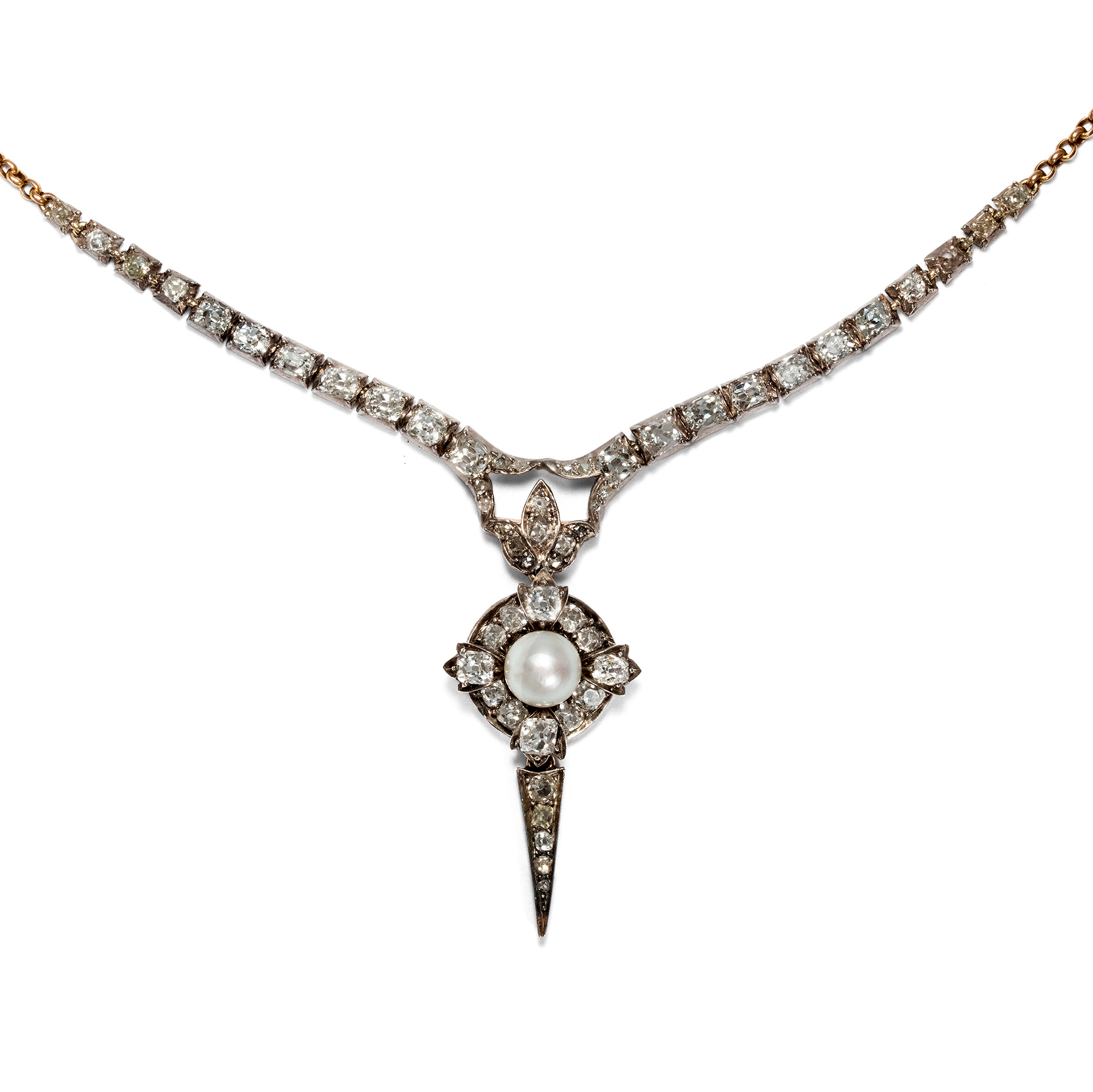 Victorian Necklace With Pearl & 3.34 ct Diamonds, ca. 1870