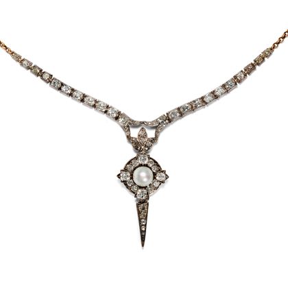 Victorian Necklace With Pearl & 3.34 ct Diamonds, ca. 1870 Victorian Necklace With Pearl & 3.34 ct Diamonds, ca. 1870
