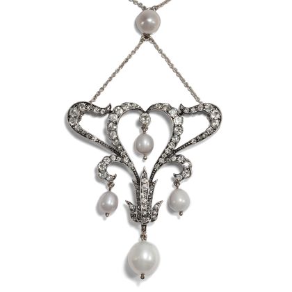 Zartes Naturperlen- & Diamant-Collier des Jugendstil, um 1895 Zartes Naturperlen- & Diamant-Collier des Jugendstil, um 1895