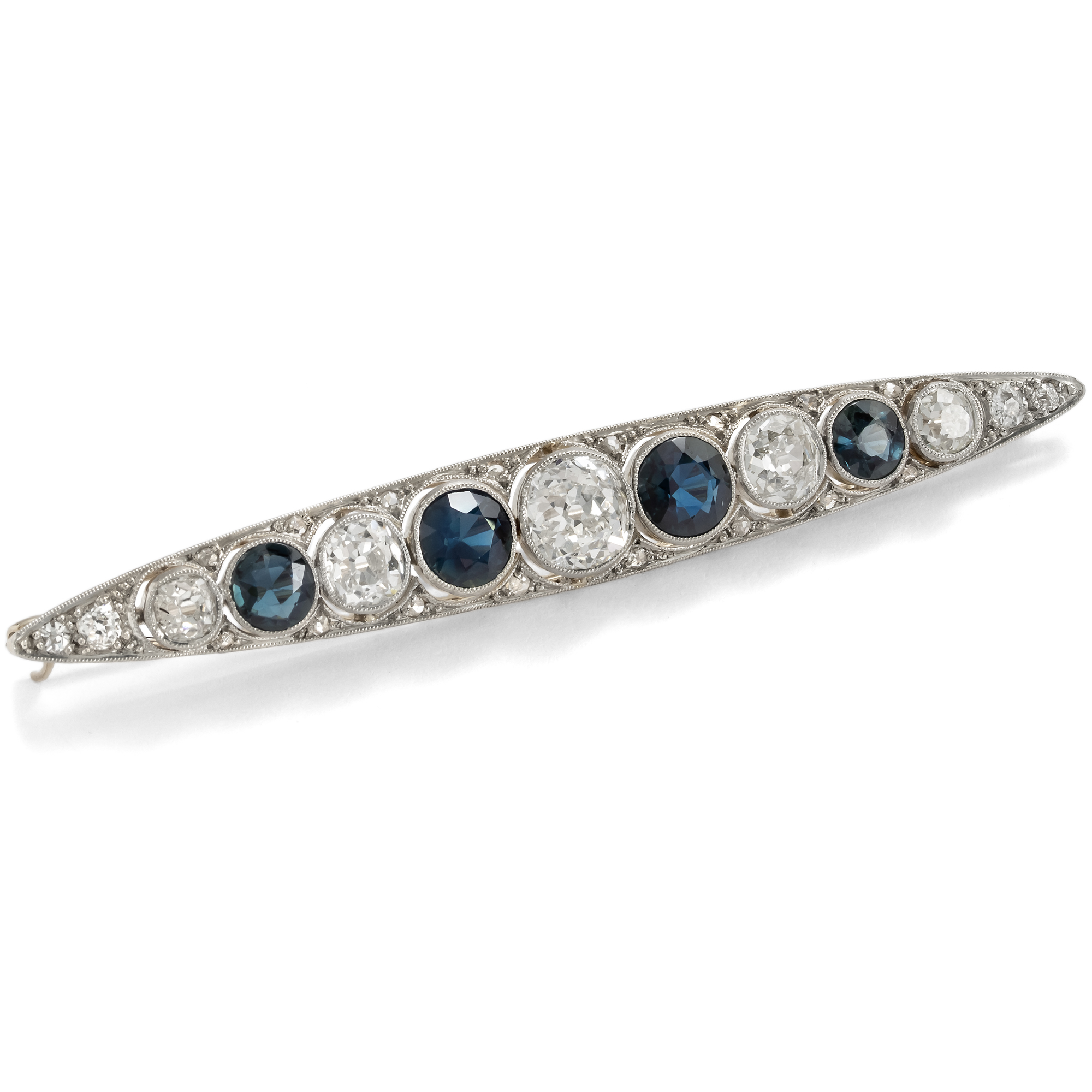 Precious Bar Brooch with Sapphires & Diamonds in Platinum on Gold, c. 1910