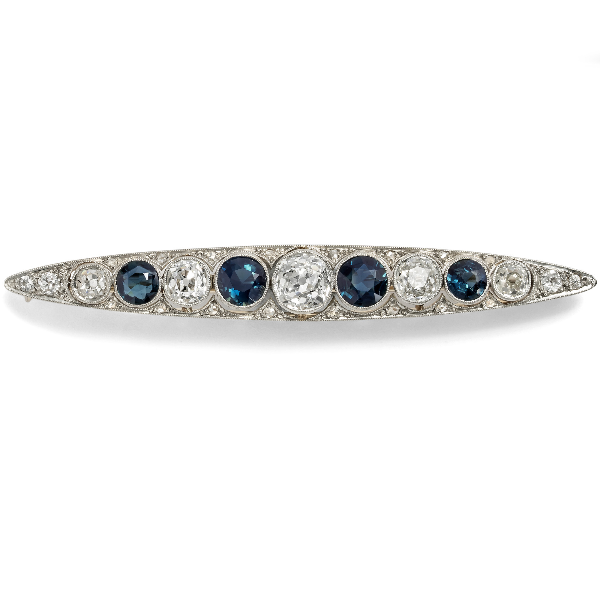 Precious Bar Brooch with Sapphires & Diamonds in Platinum on Gold, c. 1910