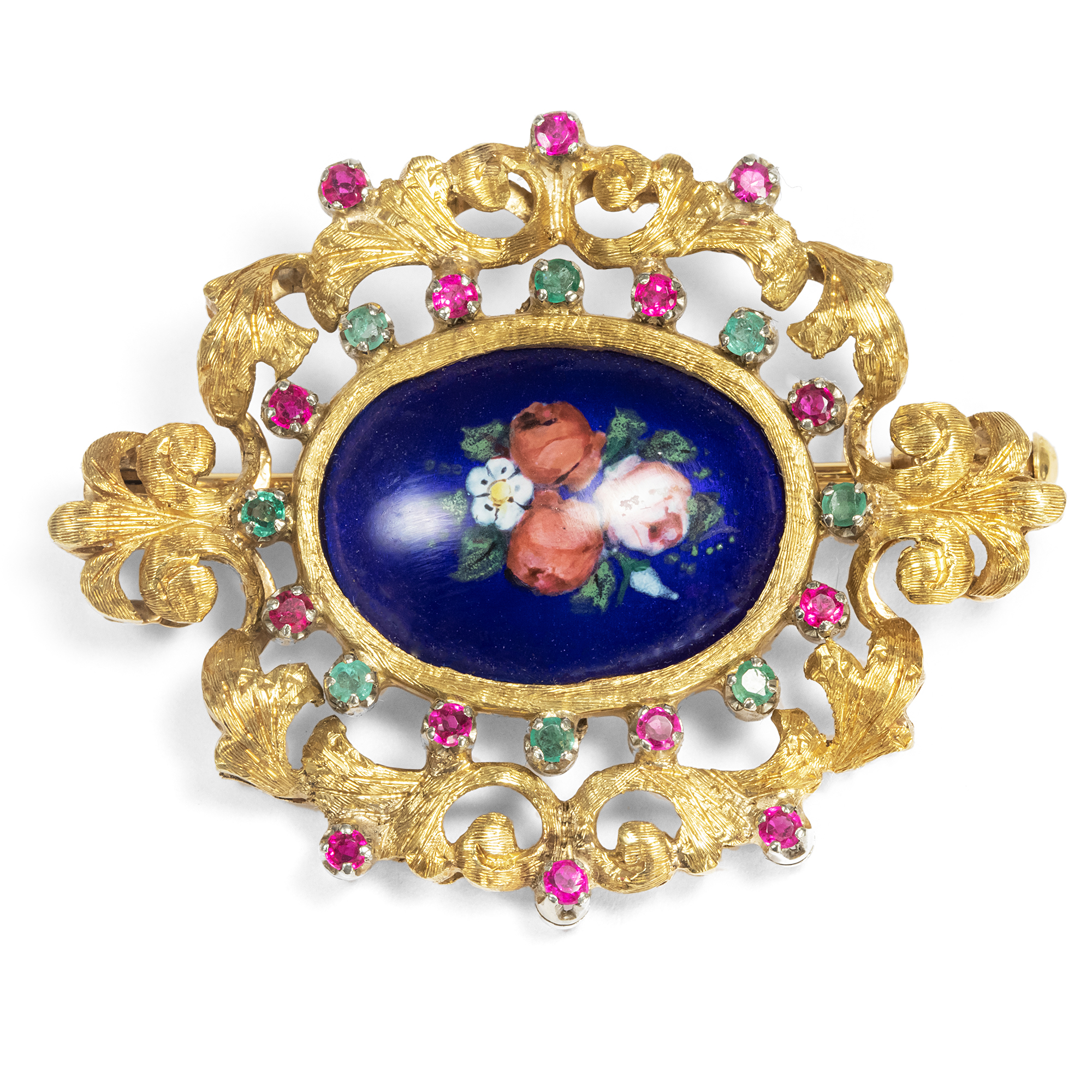 Biedermeier Revival: Vintage Brooch IN 750 Gold, Email, Ruby & Emerald ...