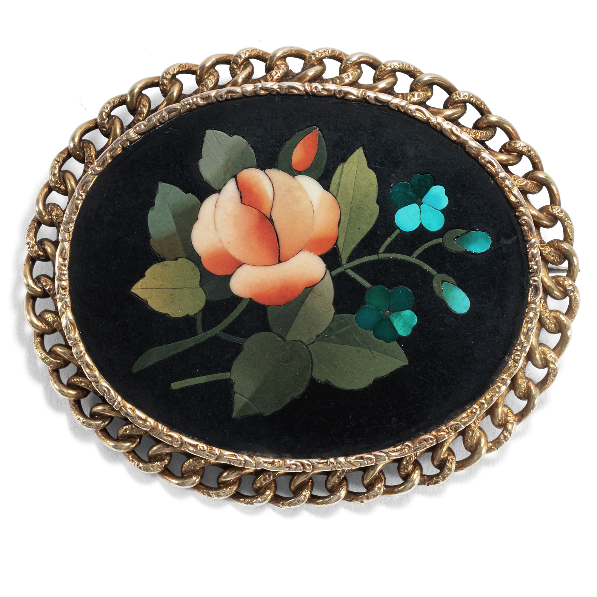 Antique Pietra Dura brooch with roses & forget-me-nots, Florence ca. 1860